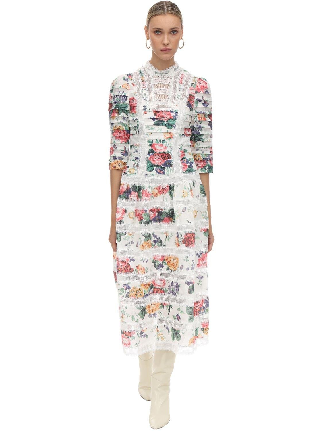 Zimmermann Printed Lace & Linen Midi Dress in White Floral (White) Lyst