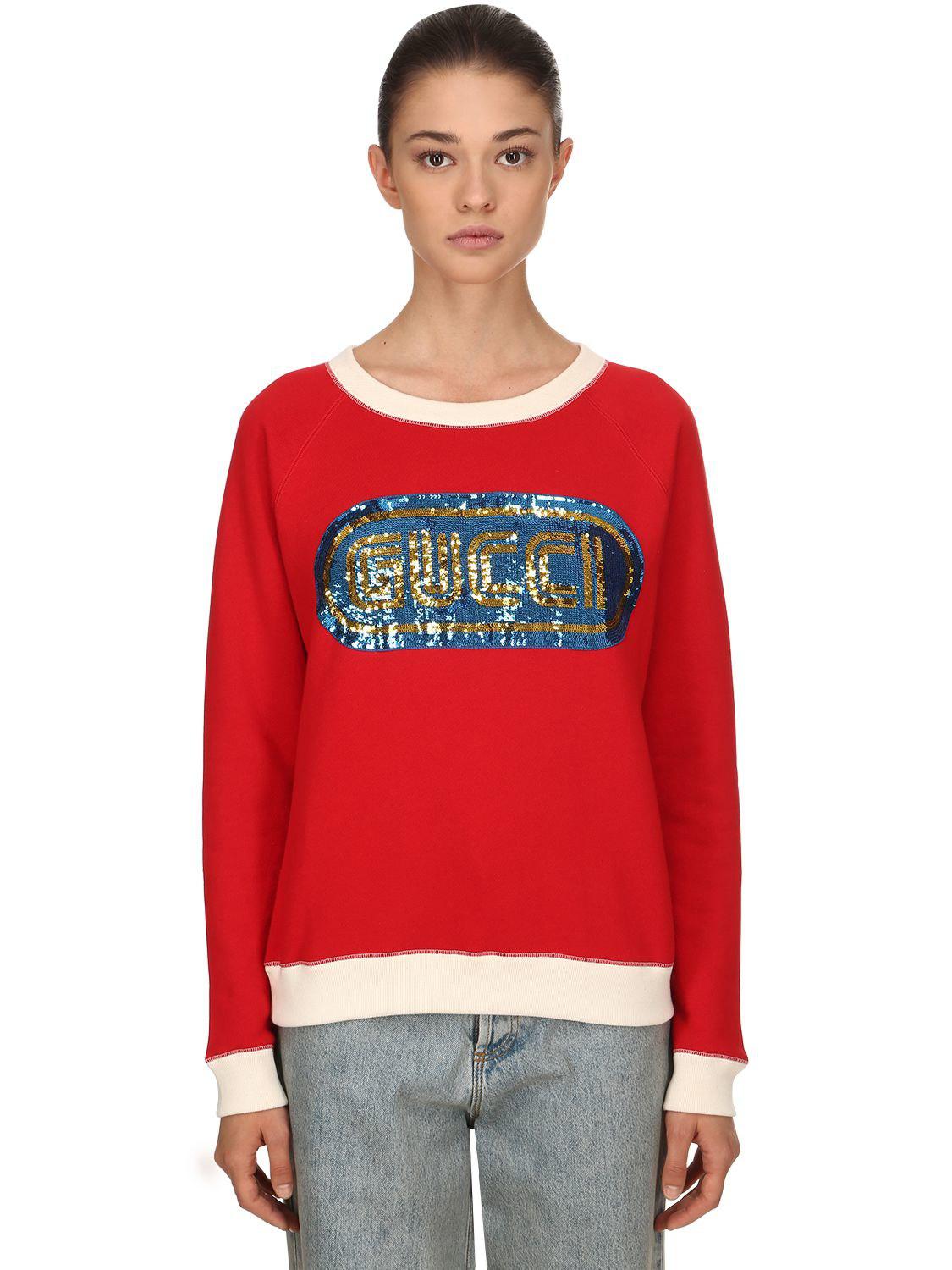  Gucci  Sequined Cotton Sweatshirt  in Red  Lyst