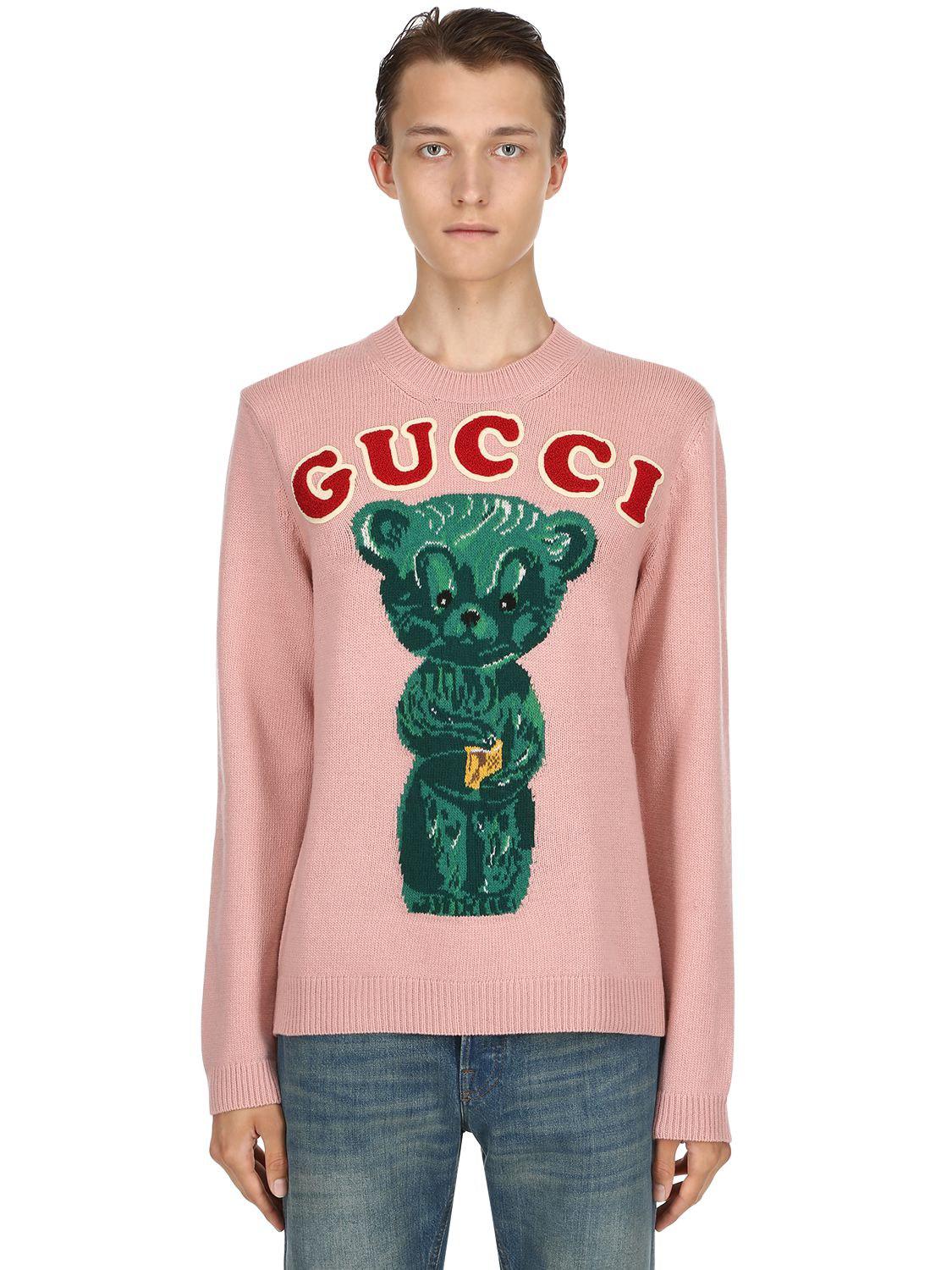 Gucci Mens Guccy Teddy Bear Sweatshirt Size Large Pink Cotton Pullover  Sweater