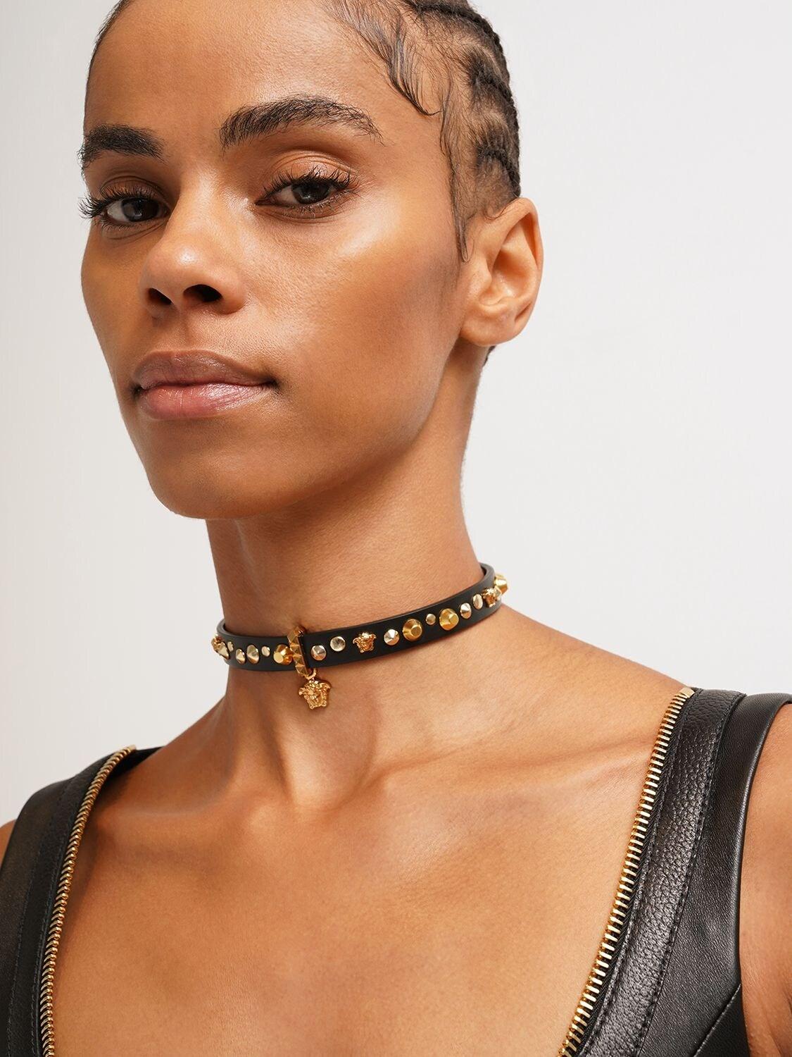 Versace Stud Medusa Charm Leather Choker Lyst Australia