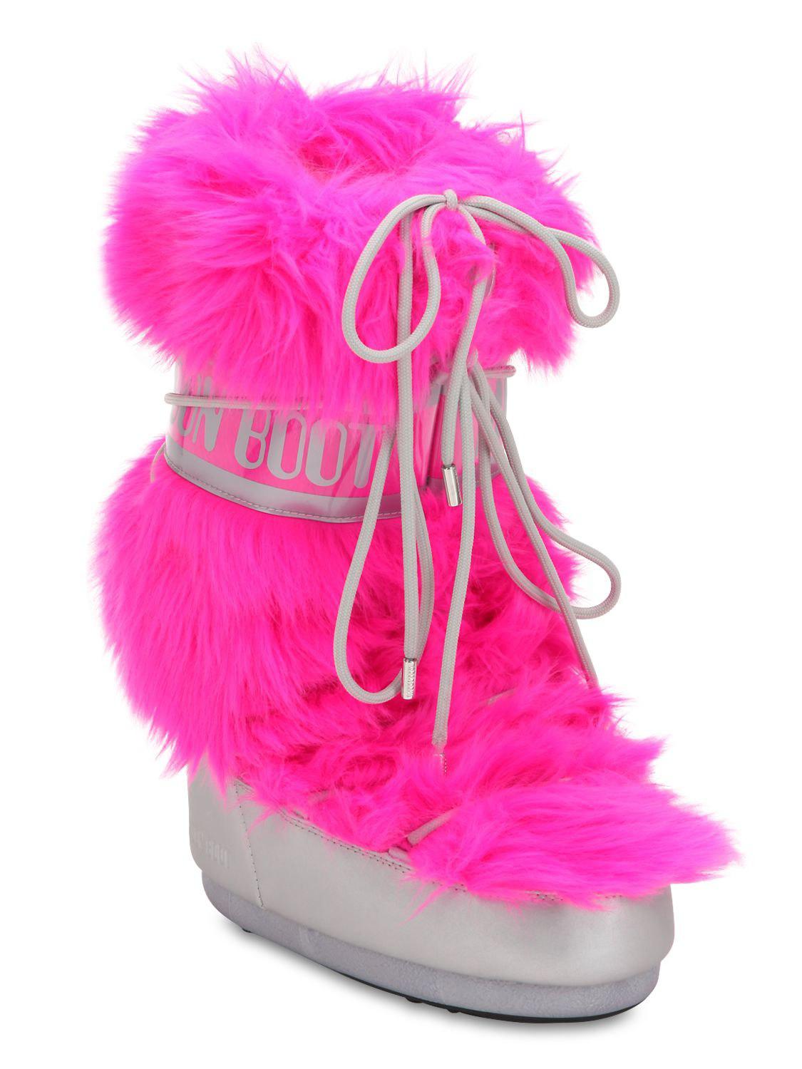 Moon Boot Long Faux Fur Snow Boots in Pink | Lyst