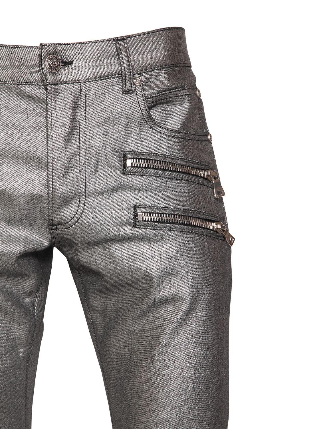 Balmain 15cm Laminated Slim Cotton Denim Jeans in Silver (Metallic) for
