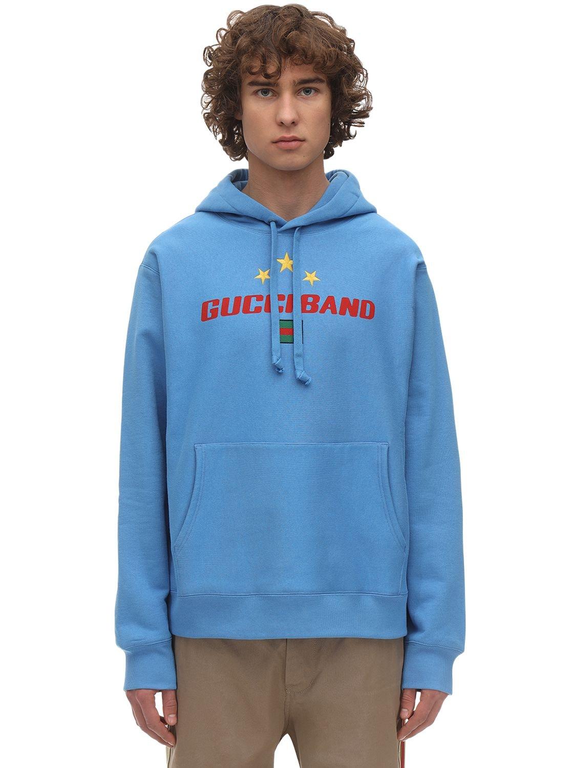 Gucci Cotton Band Print Hooded Sweatshirt in Blue for Men | Lyst