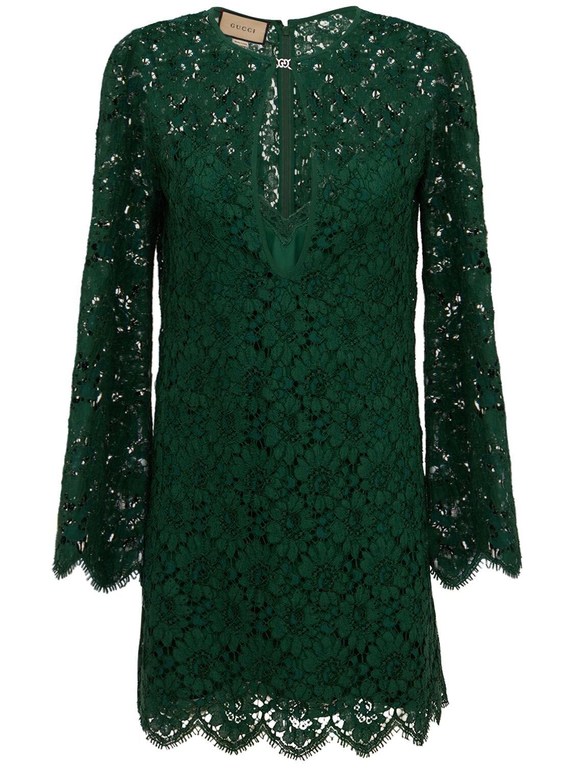 GUCCI★素敵！LONG SLEEVE GREEN FLORAL LACE DRESS Gucci Long-sleeve Floral Lace Dress in Green | Lyst UK