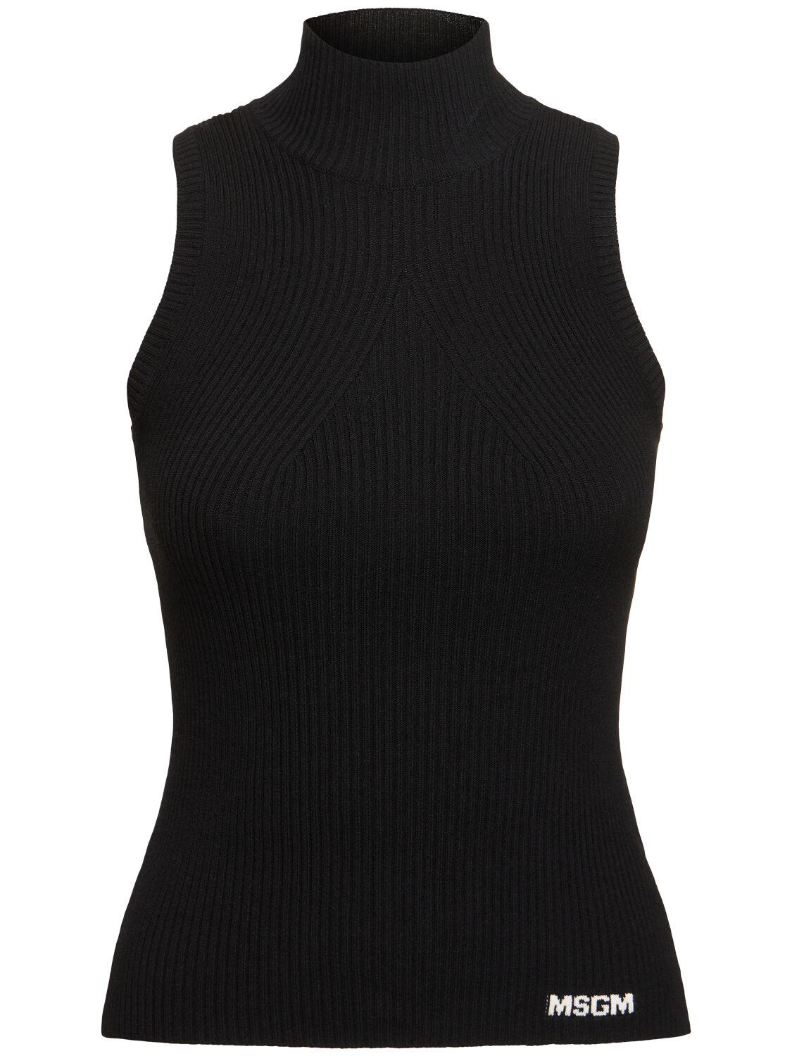 MSGM Viscose Blend Knit Turtleneck Top in Black | Lyst
