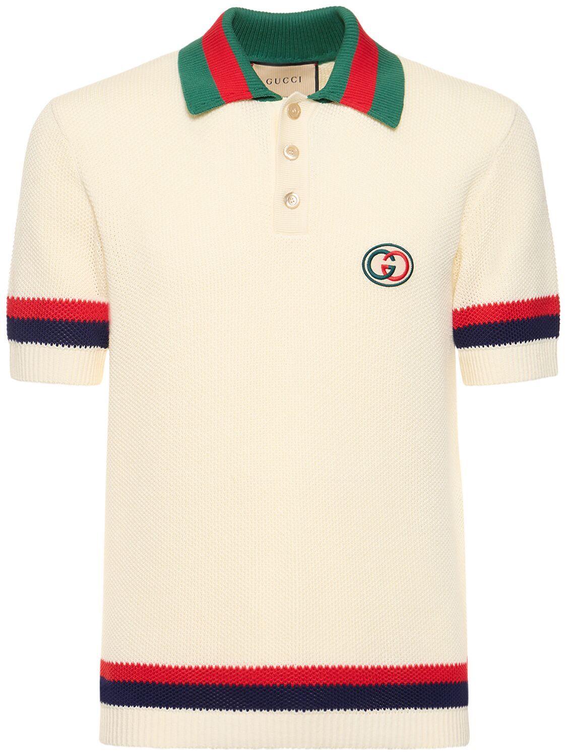 Gucci Logo embroidered Striped Cotton knit Polo Shirt in Natural