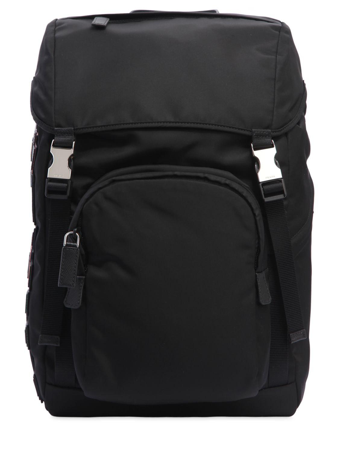 Prada Nylon Backpack W/ Leather Logo Patches in Black for Men | Lyst