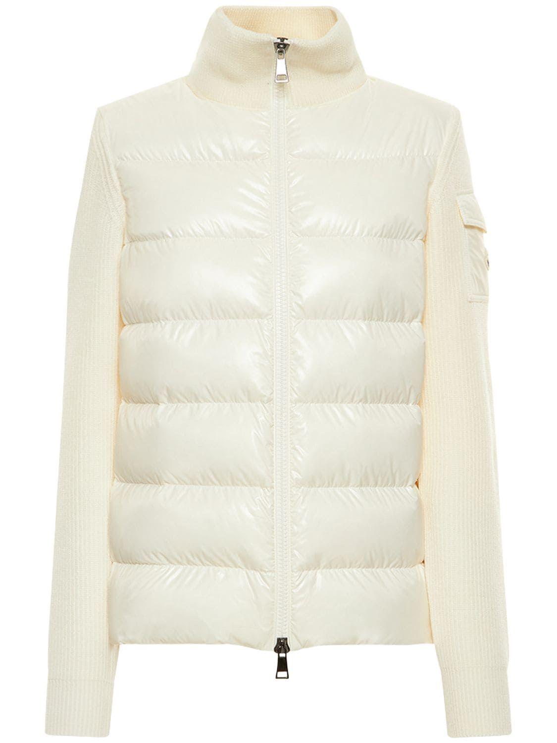 Moncler Wool & Nylon Down Zip Cardigan Jacket in White | Lyst