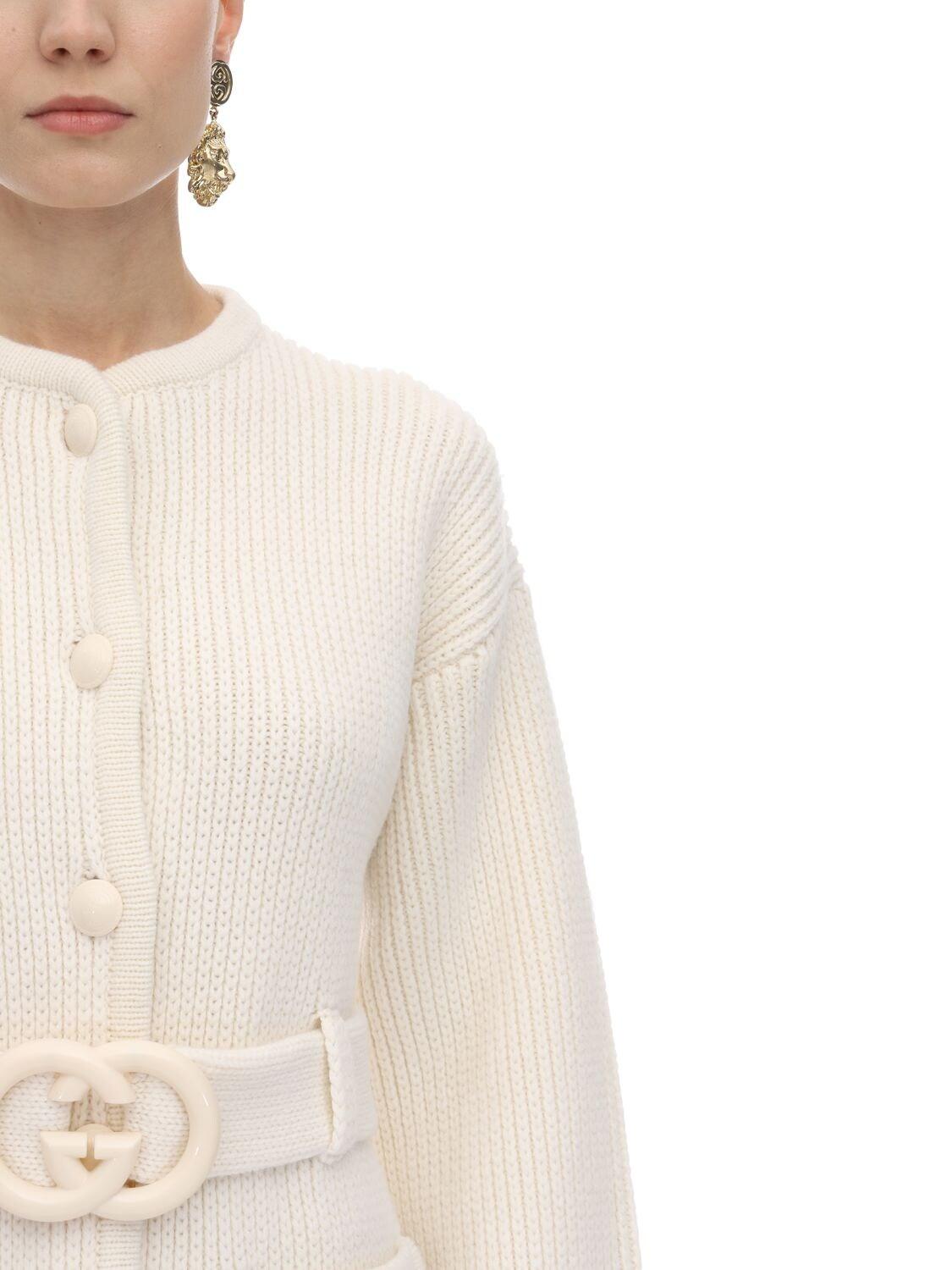 Gucci Gg Belted Wool Knit Maxi Cardigan in White | Lyst