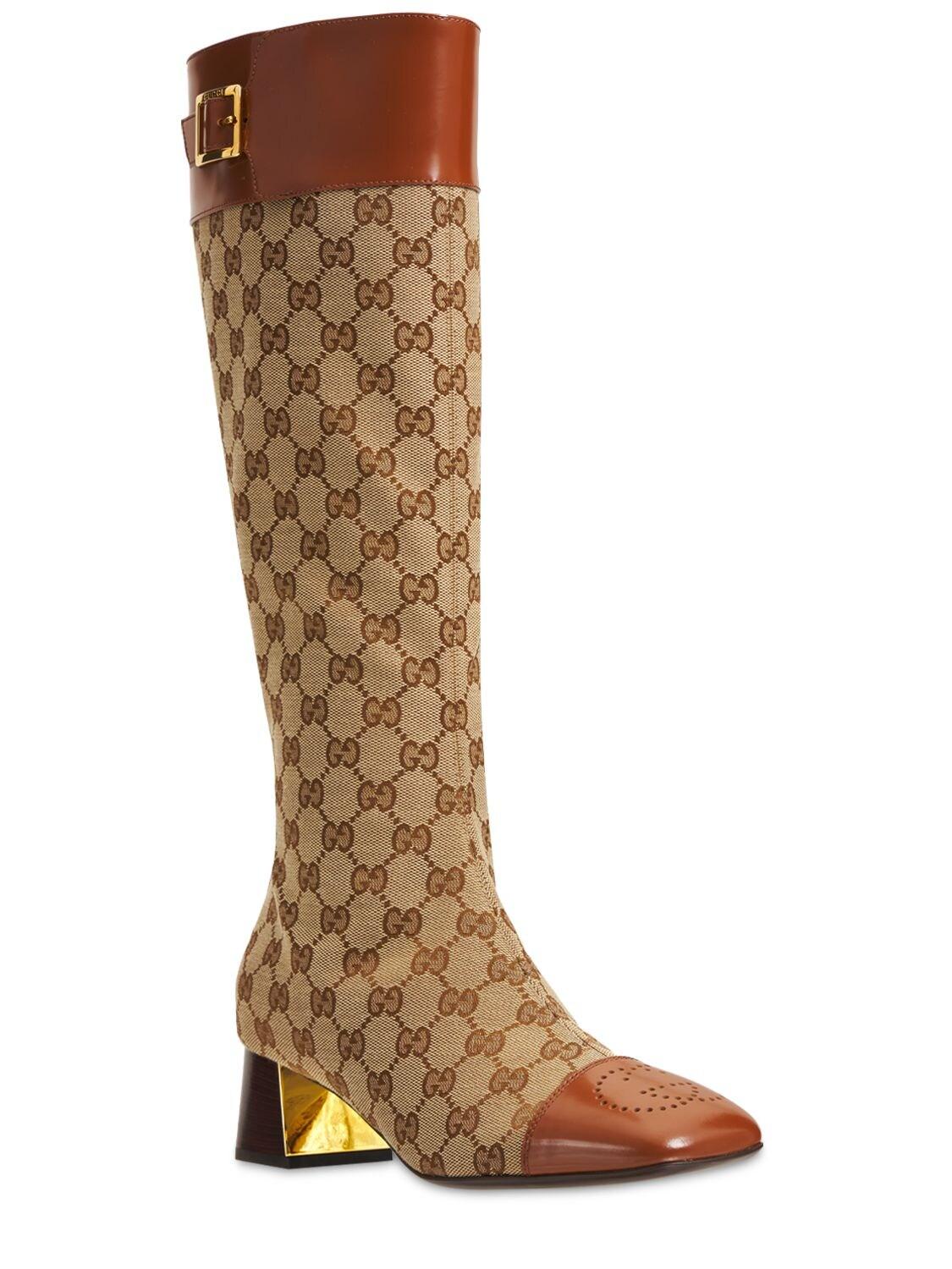 Gucci 45mm Ellis Tall Canvas & Leather Boots in Brown | Lyst