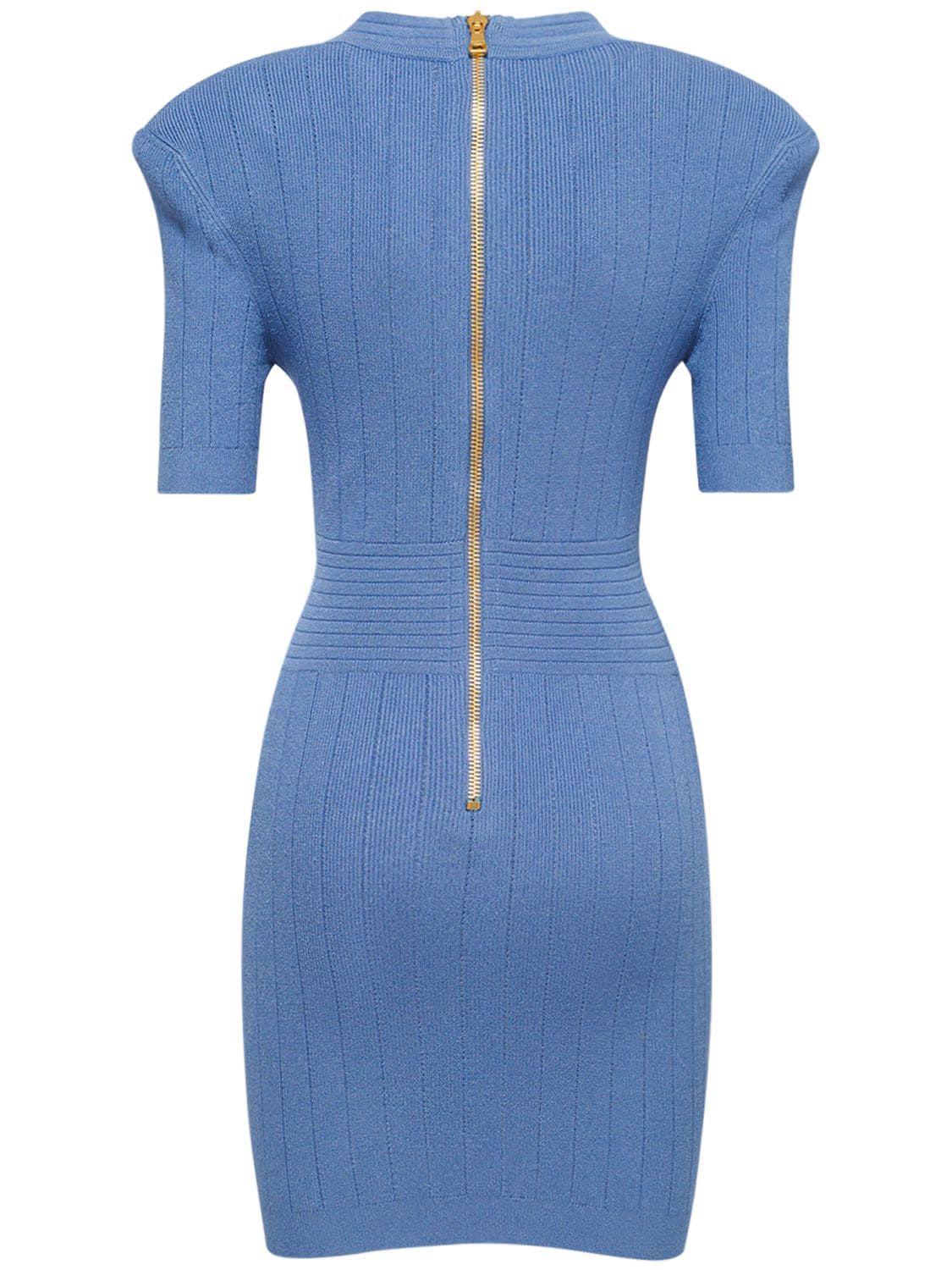 Balmain Knit V-neck Mini Dress W/ Buttons in Blue | Lyst
