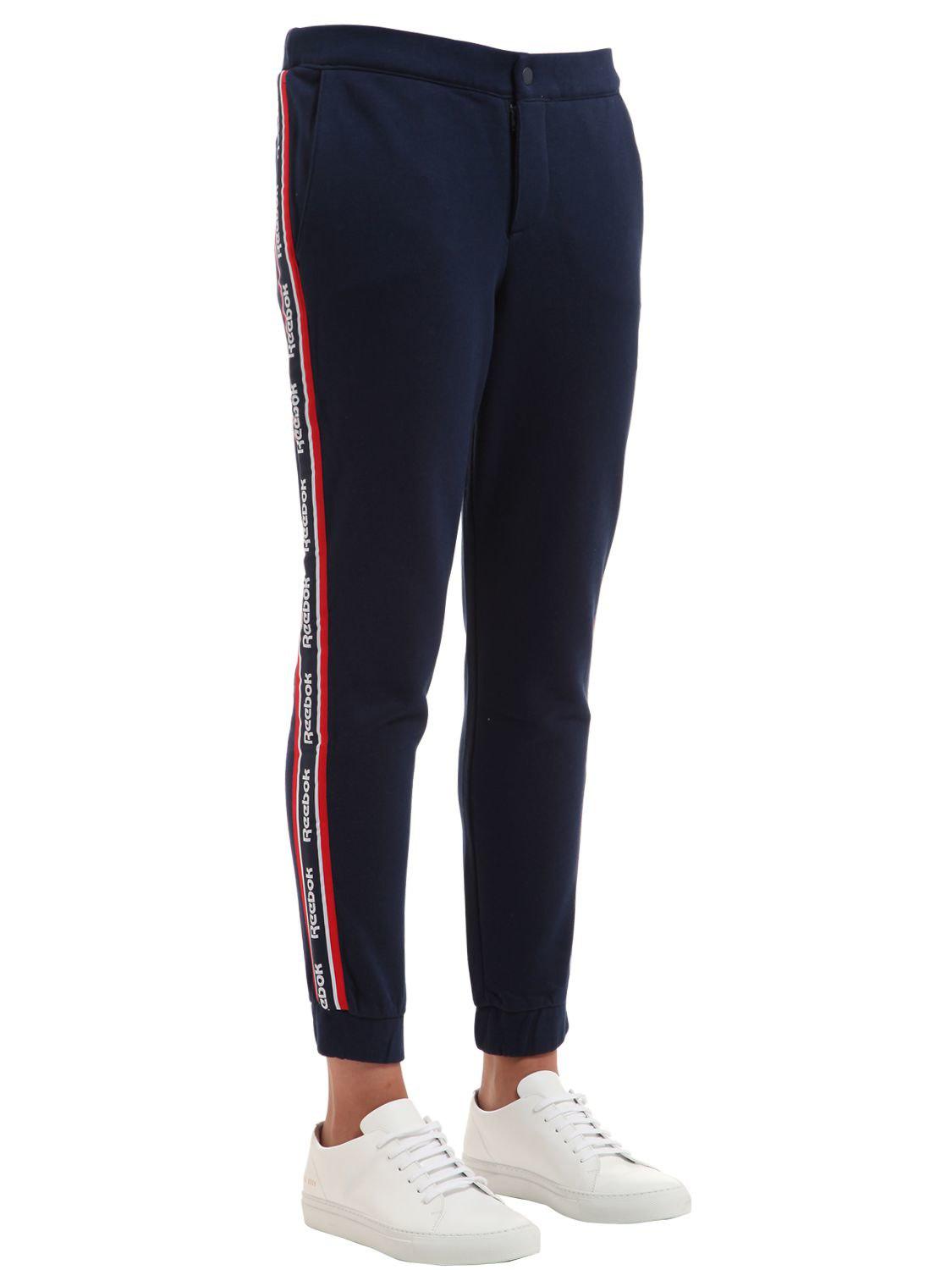 Reebok Cotton Track Pants W/ Logo Side Bands in Navy (Blue) Lyst