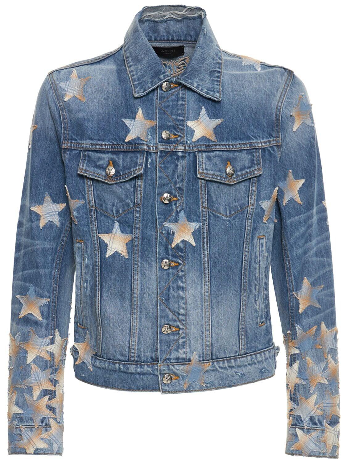 Amiri Chemist Denim Jacket W/ Leather Stars in Blue for Men | Lyst