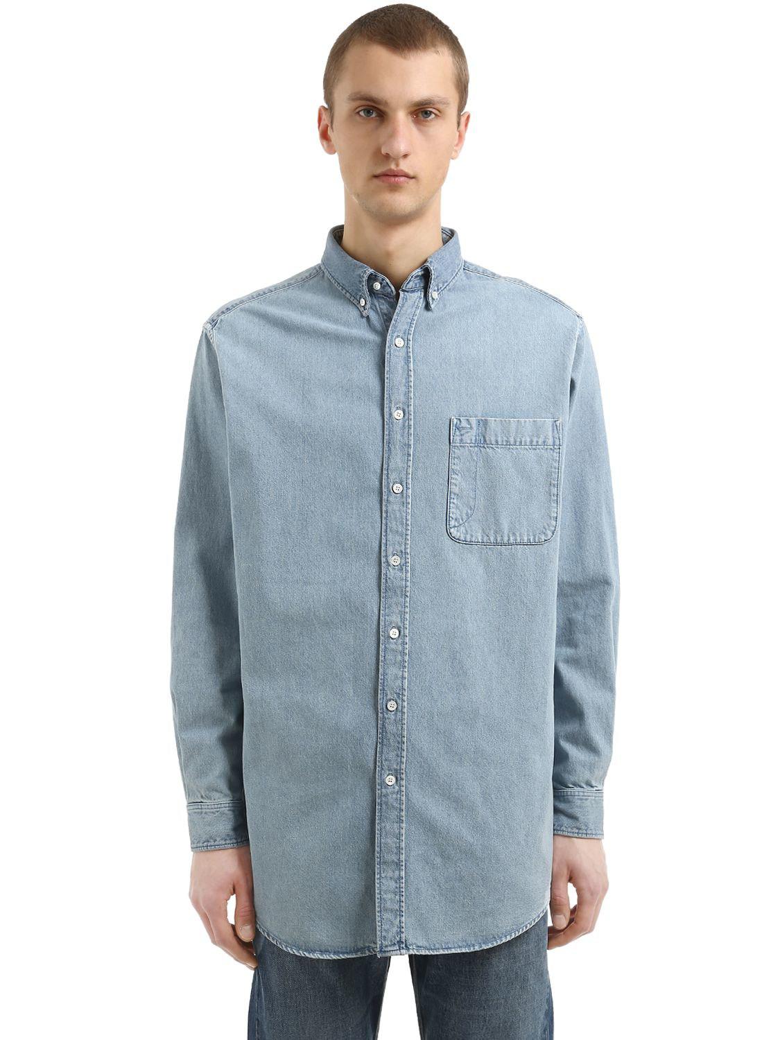 Balenciaga Oversized Back Logo Cotton Denim Shirt in Blue for Men | Lyst