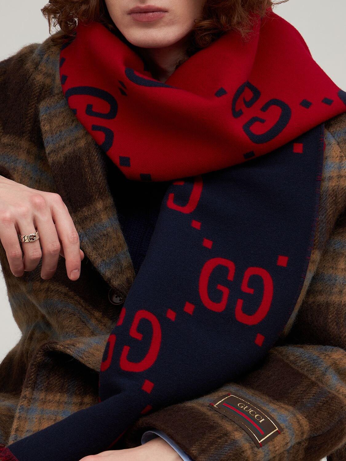 Gucci Gg Jacquard Wool & Silk Scarf in Blue for Men