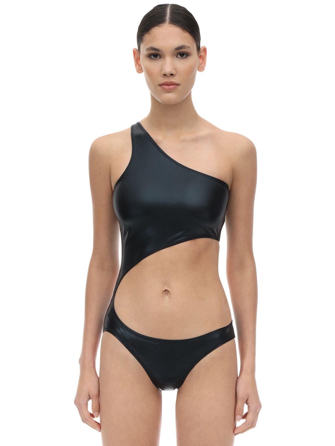 black leather one piece swimsuit