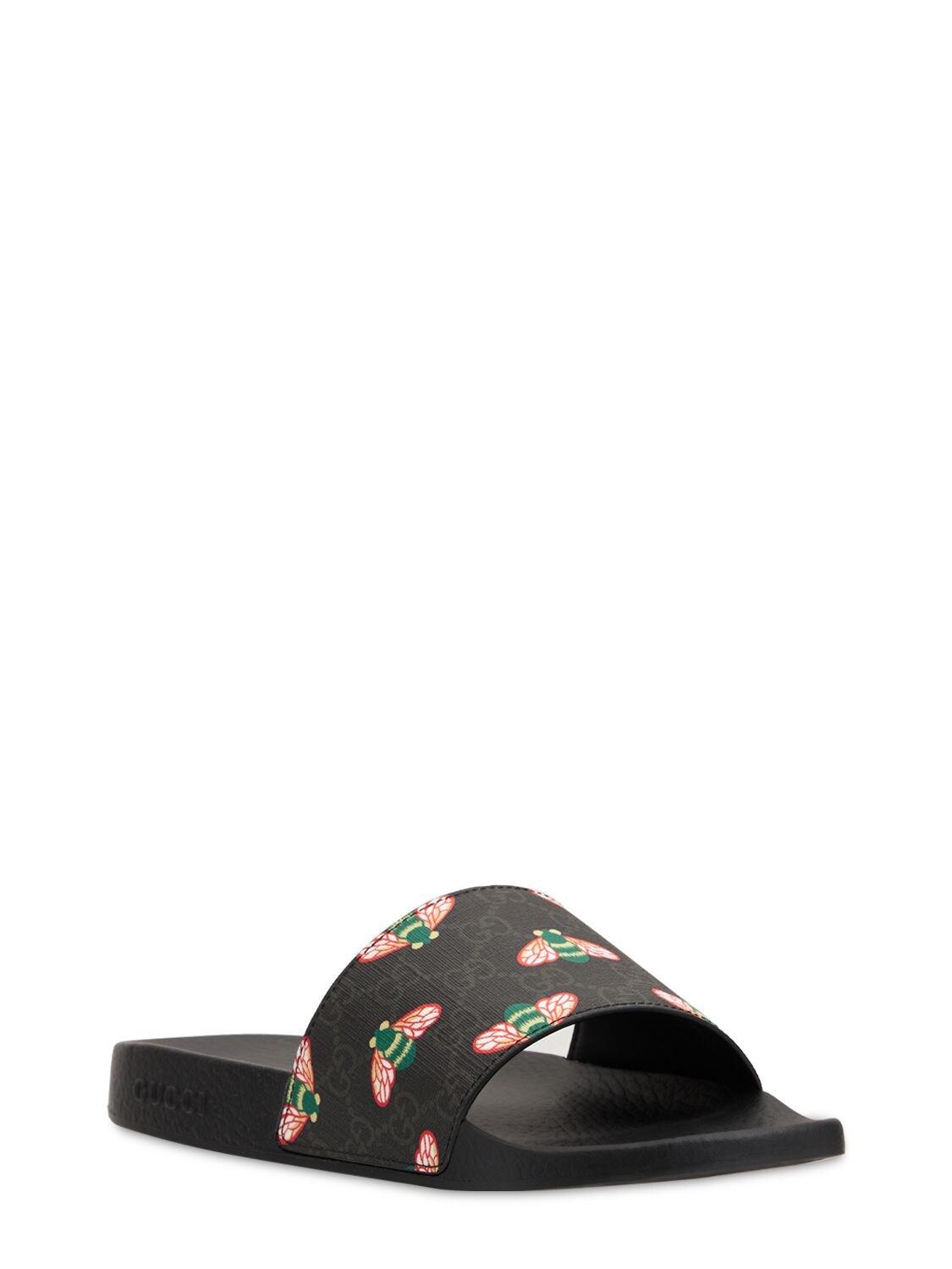 Gucci Canvas Bestiary Bees Print Slide Sandals in Black for Men | Lyst