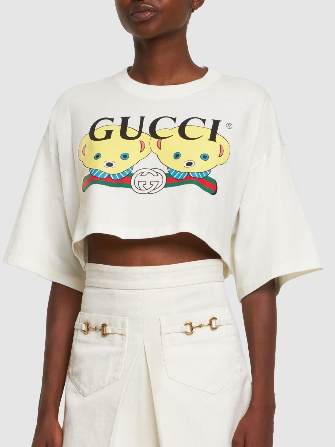 Printed Cropped Cotton Jersey T Shirt in Multicoloured - Gucci