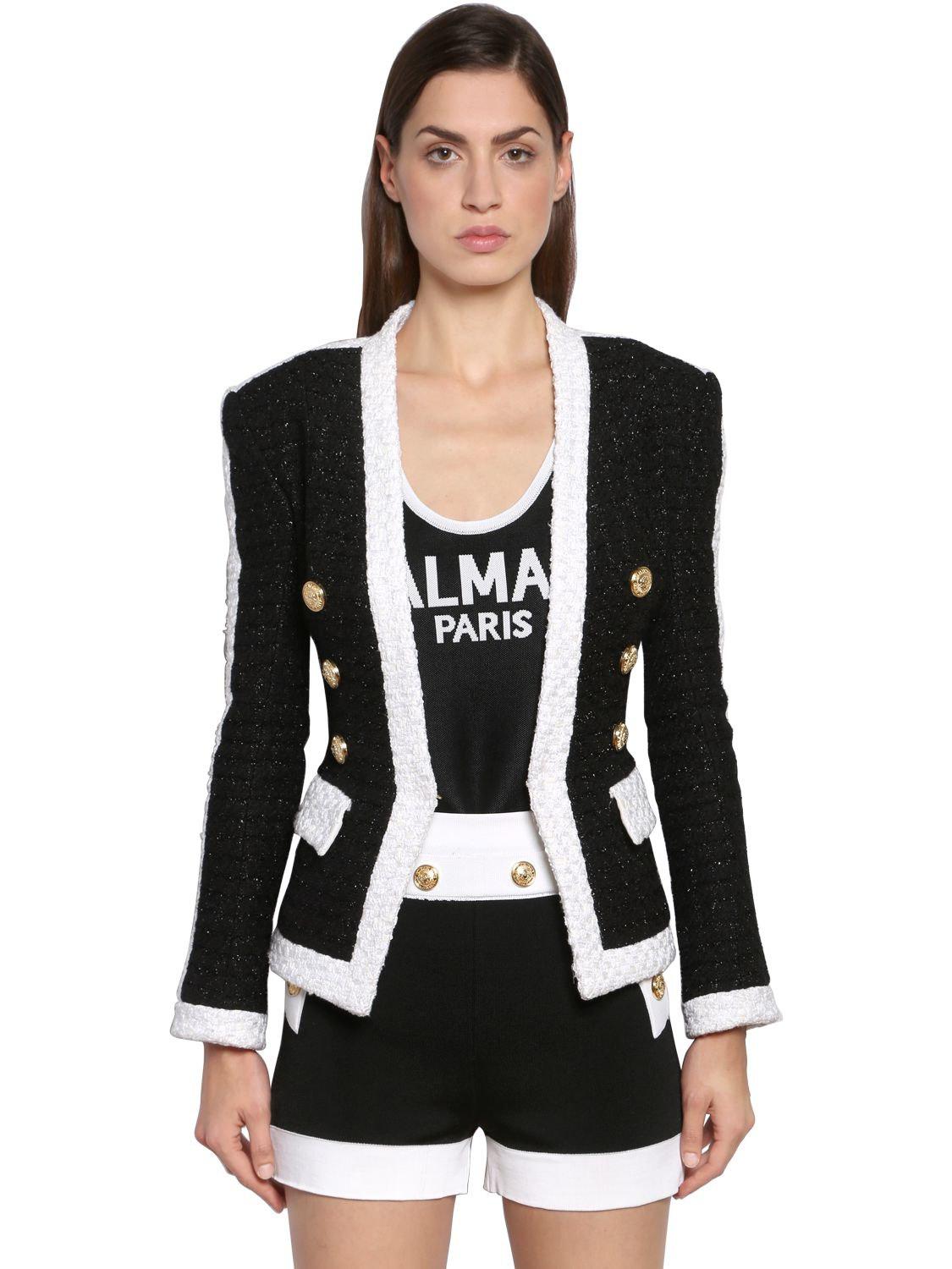 Balmain Lurex Tweed Blazer W/ Gold Buttons in Black/White (Black) | Lyst