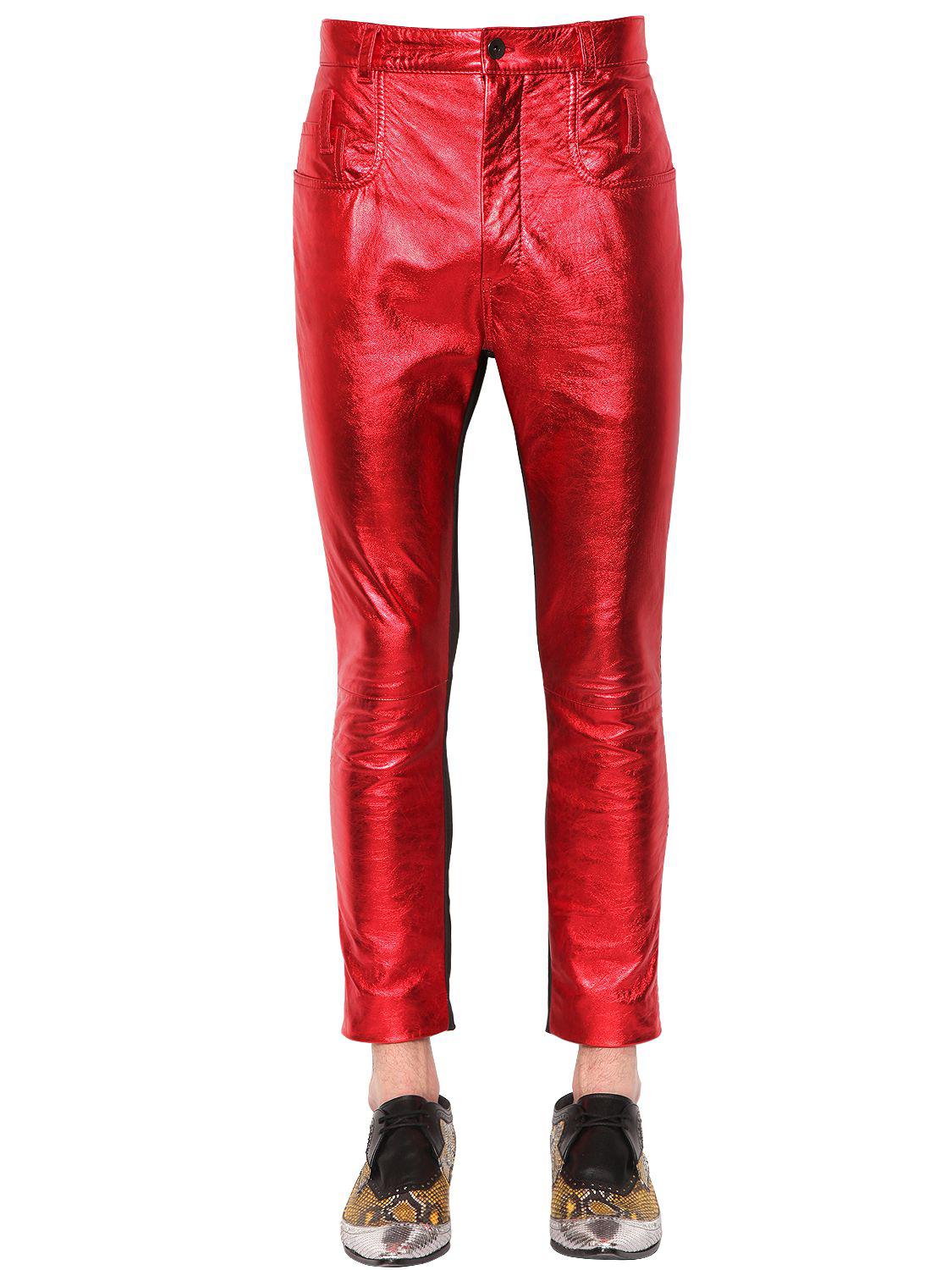 Haider Ackermann Skinny Metallic Leather & Suede Pants in Metallic Red ...