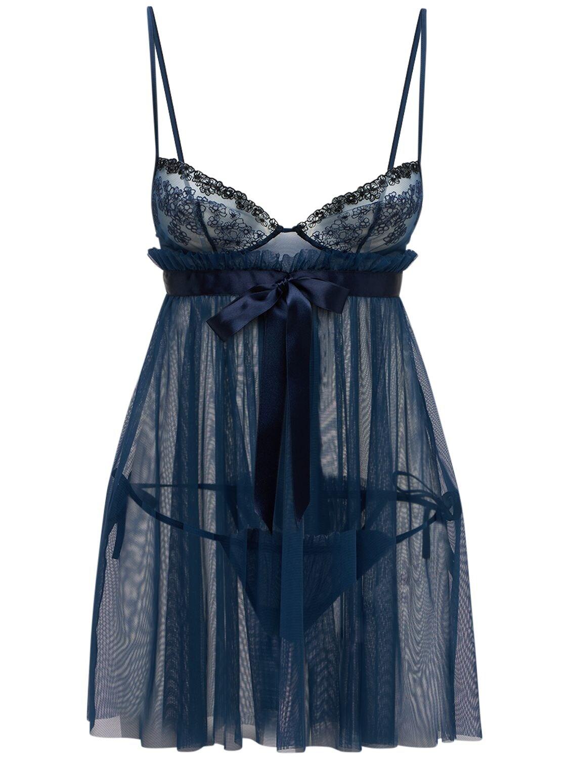 La Perla Ny Outset Lace Slip Dress & Thong Set in Navy/Black (Blue) | Lyst