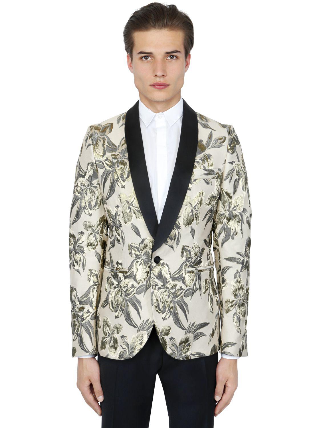 Christian Pellizzari Satin Floral Lurex Jacquard Tuxedo Jacket in Beige ...