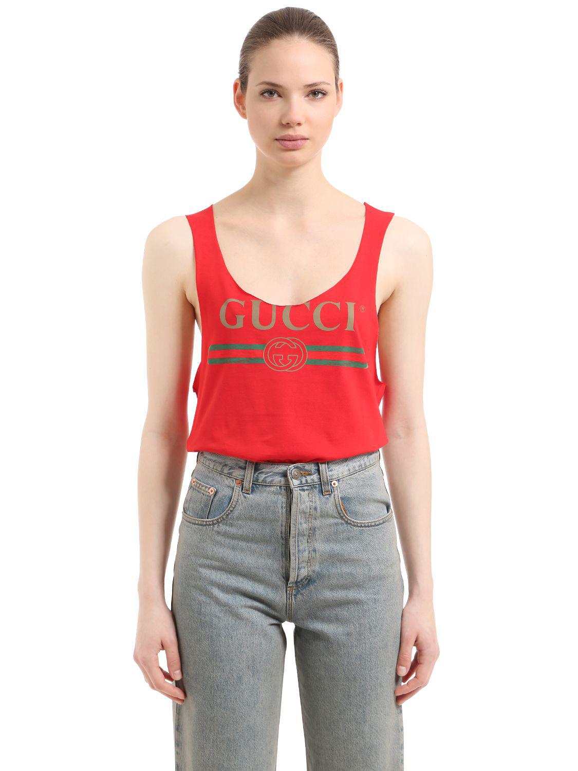 Gucci Logo Printed Cotton Jersey Tank Top in Red - Lyst