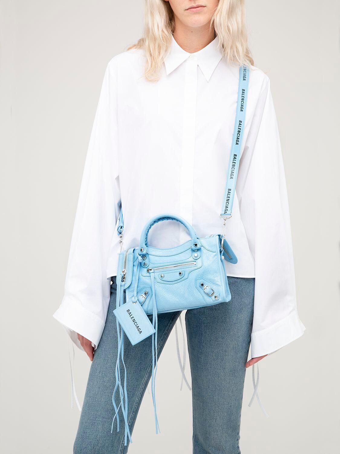 Balenciaga Mini City Leather Strap Logo Bag in Blue | Lyst