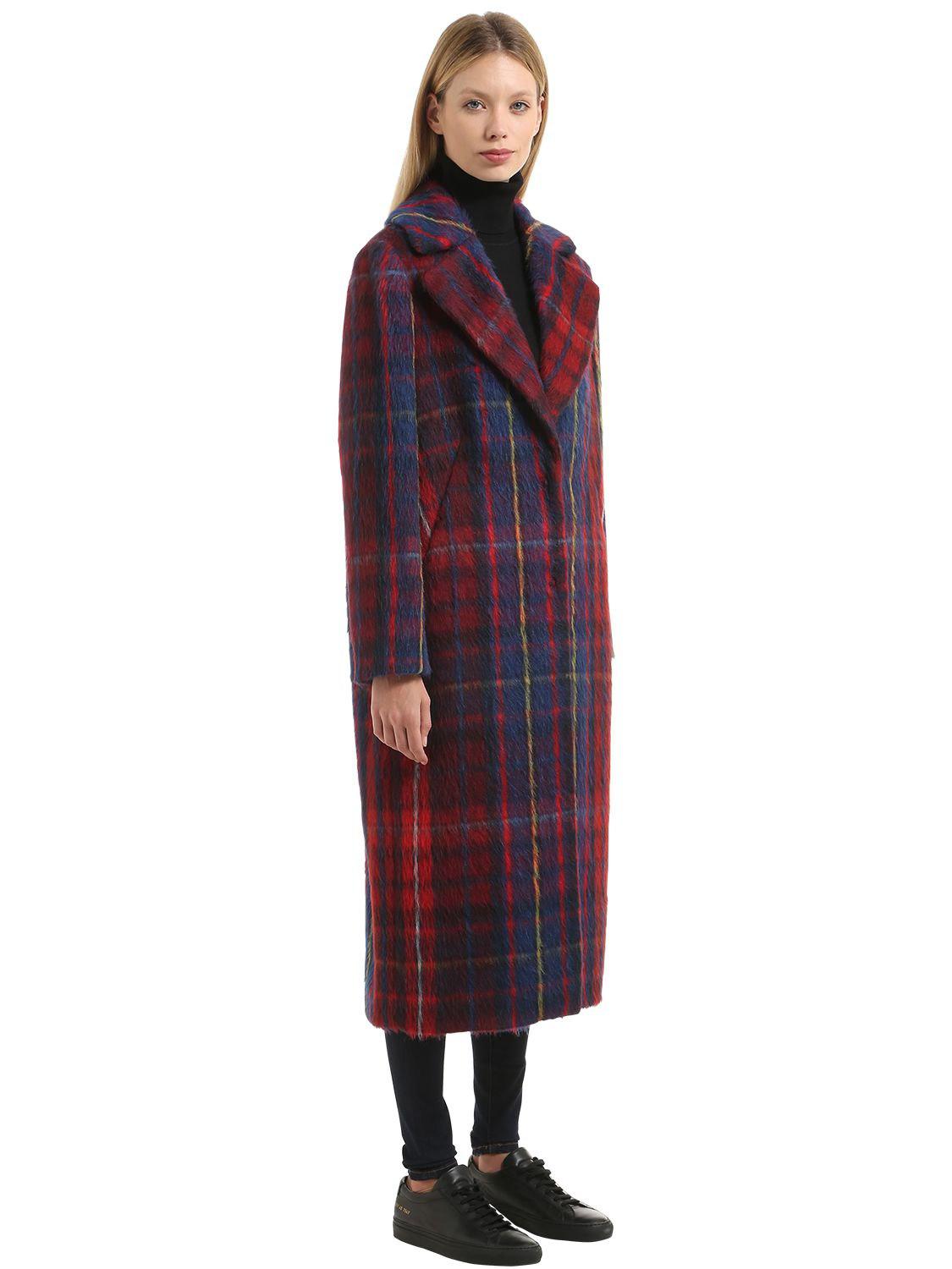 tommy hilfiger red & black wool blend plaid coat