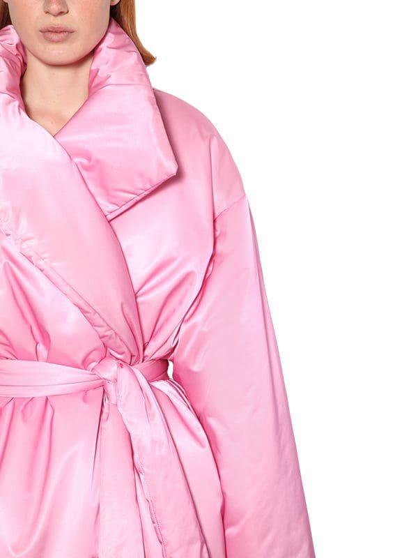 Long Belted Nylon Satin Puffer Coat 