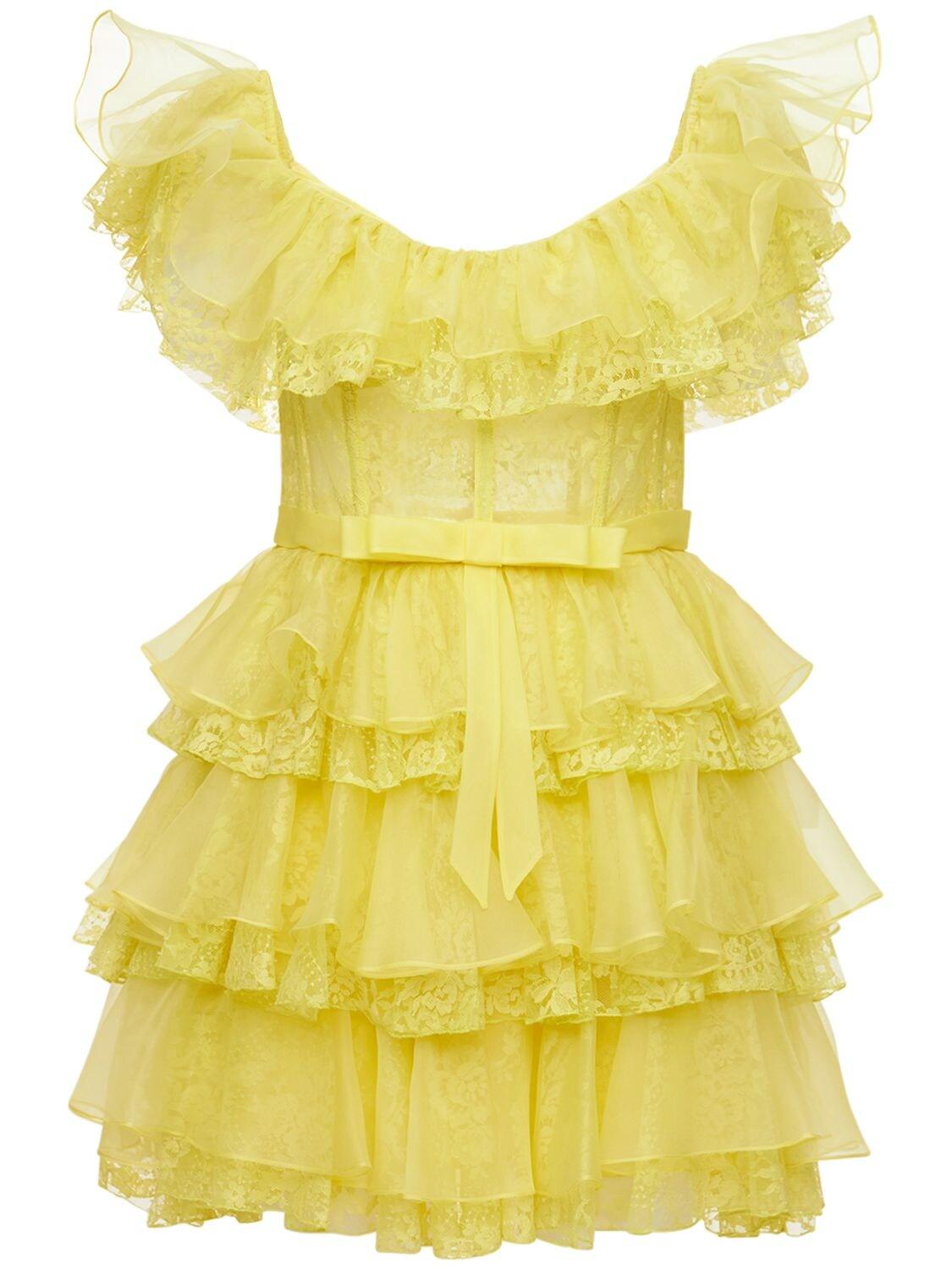 在庫有り Zuhair Murad シルク シルクオーガンザ レースコルセットミニドレス カラー イエロー クーポン10