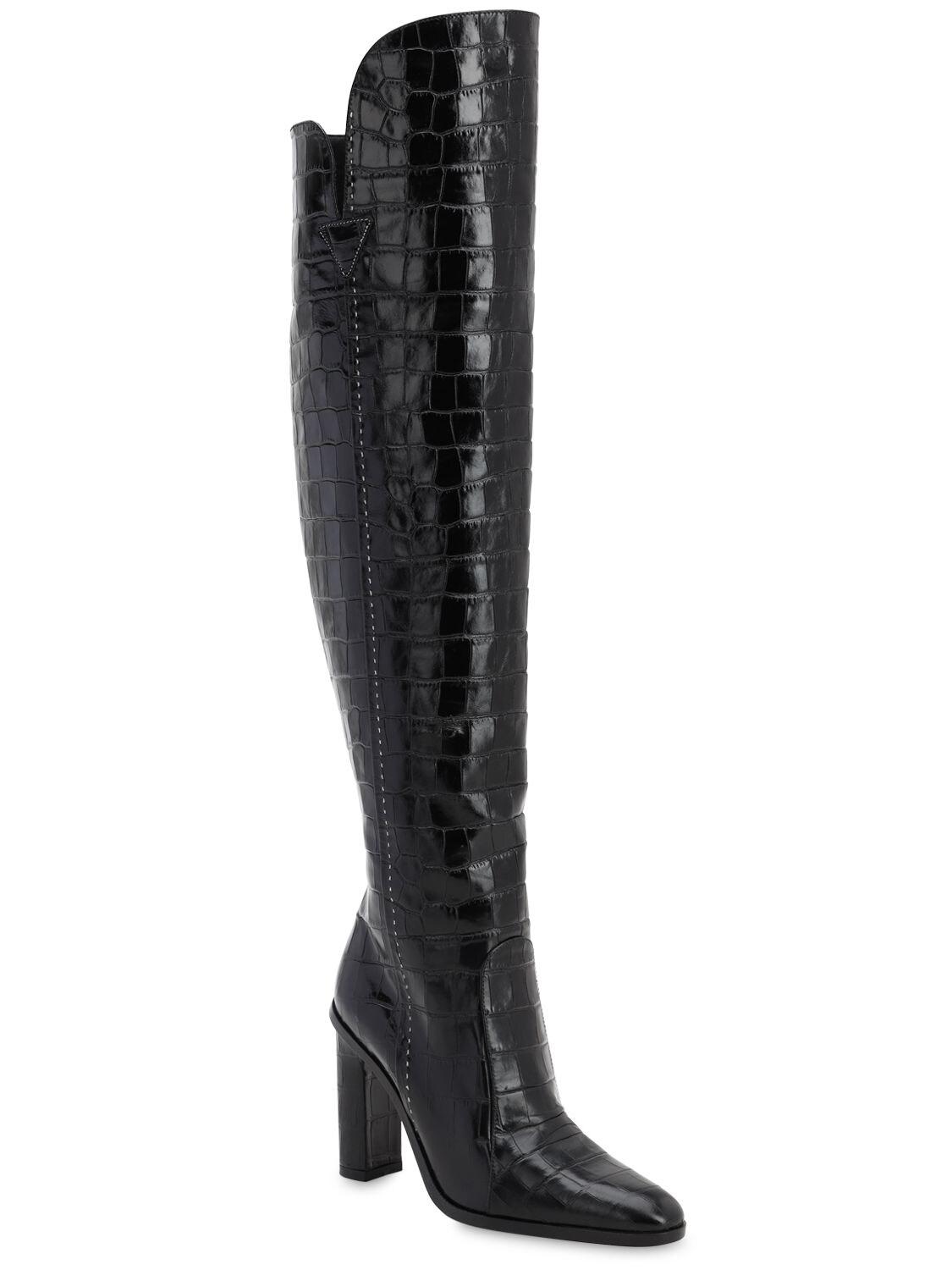 Max Mara 100mm Beboot Croc Embossed Leather Boots in Black - Lyst