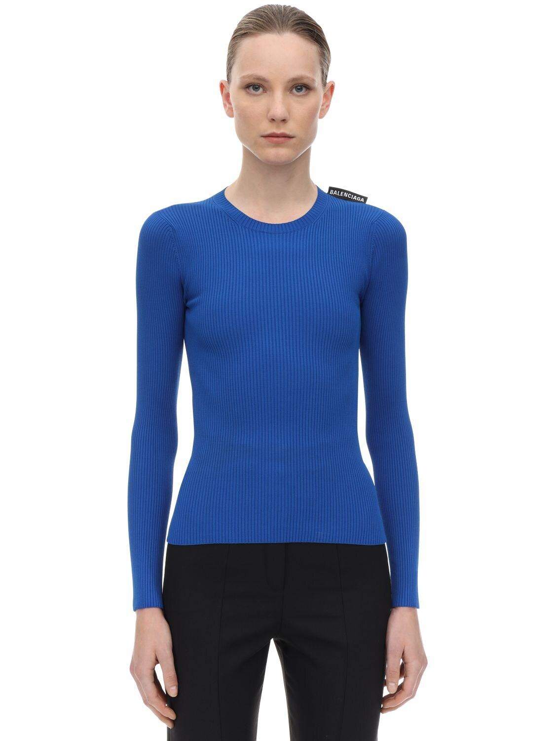Balenciaga Synthetic Viscose Blend Rib Knit Sweater in Blue - Lyst
