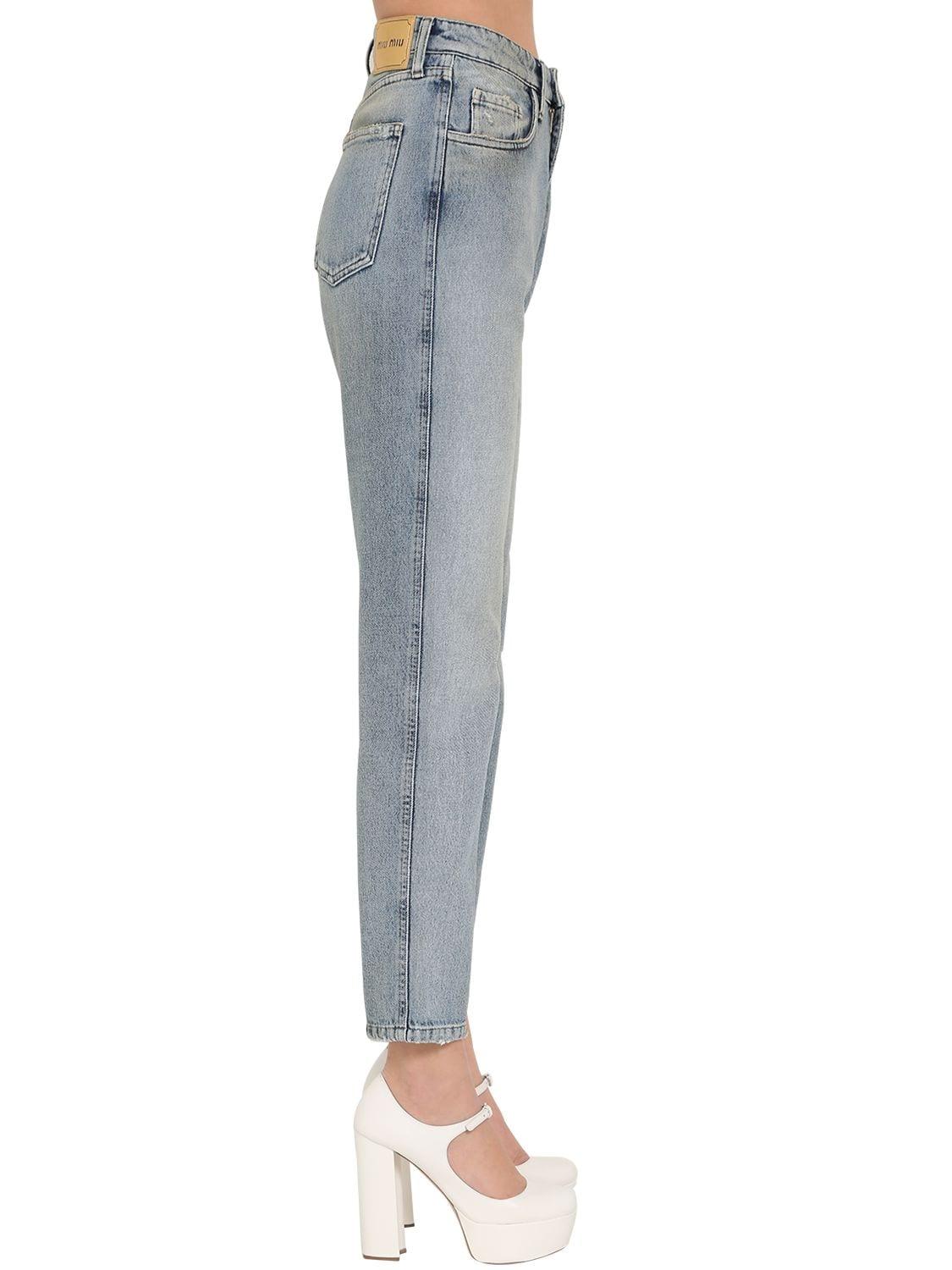 Miu Miu High Waist Cotton Denim Pants in Blue - Lyst
