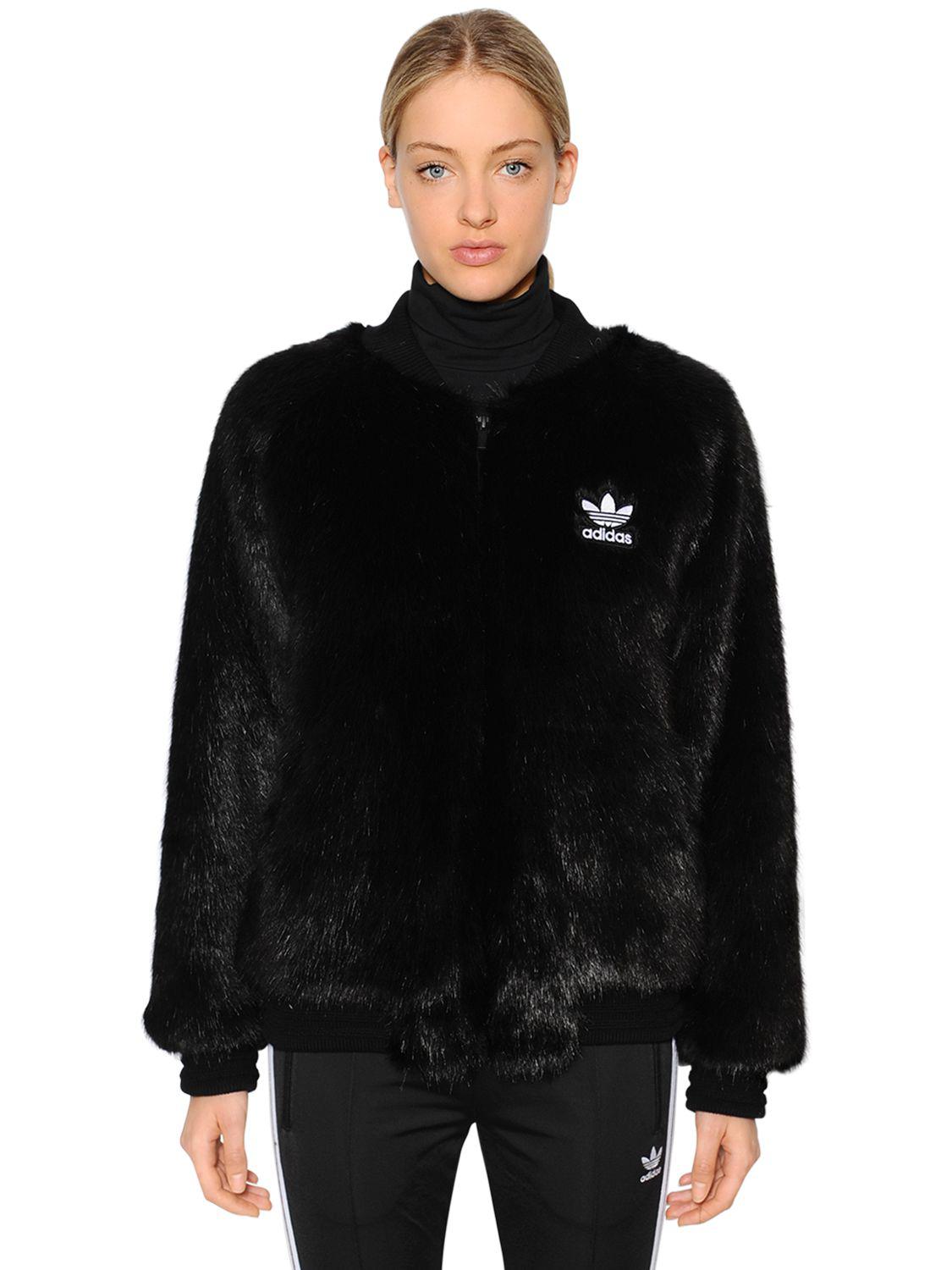 adidas Originals Satin Sst Faux Fur Bomber Jacket in Black | Lyst
