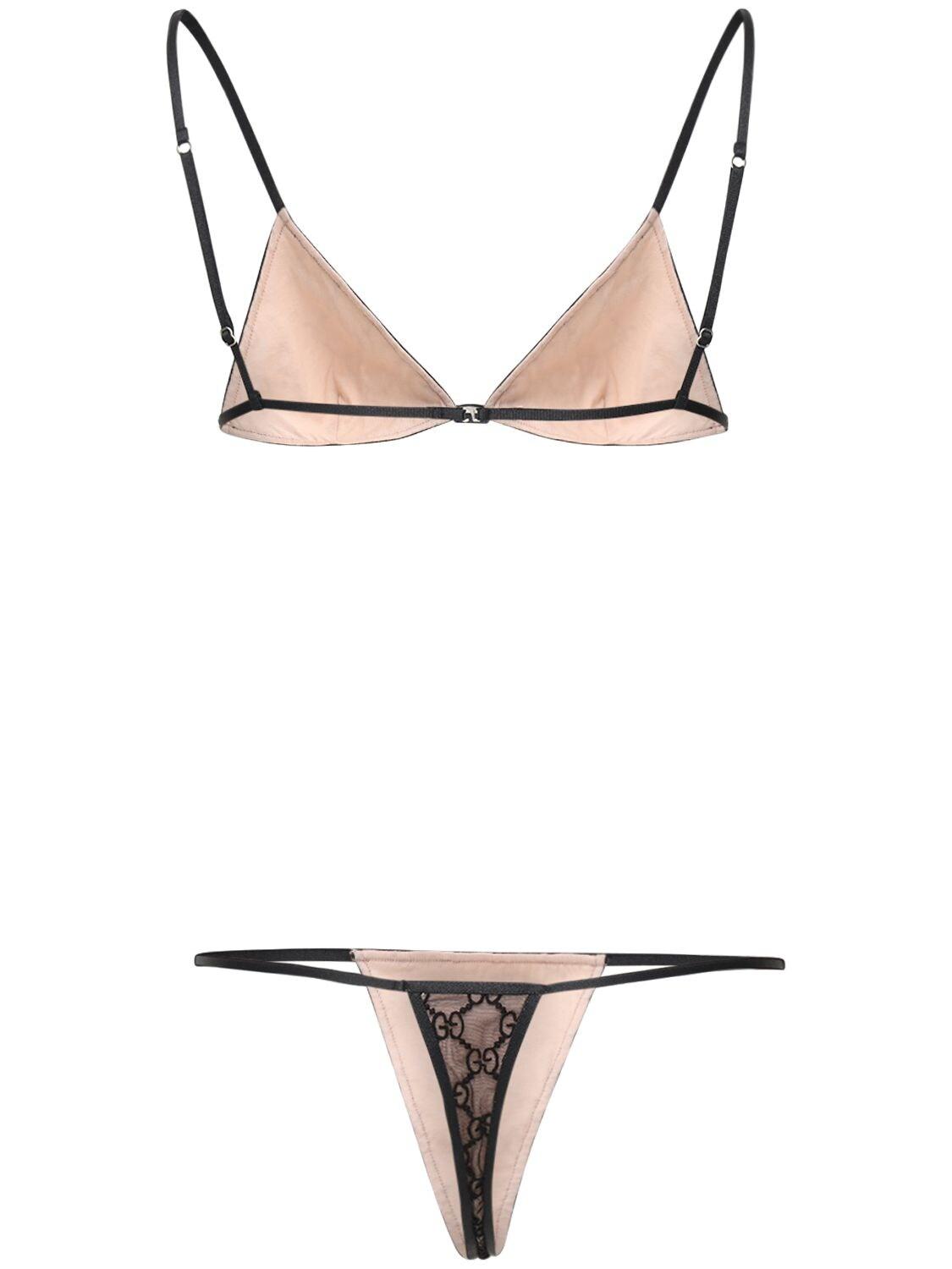 Gucci Gg Embroidered Tulle Bra & Briefs Set in Black