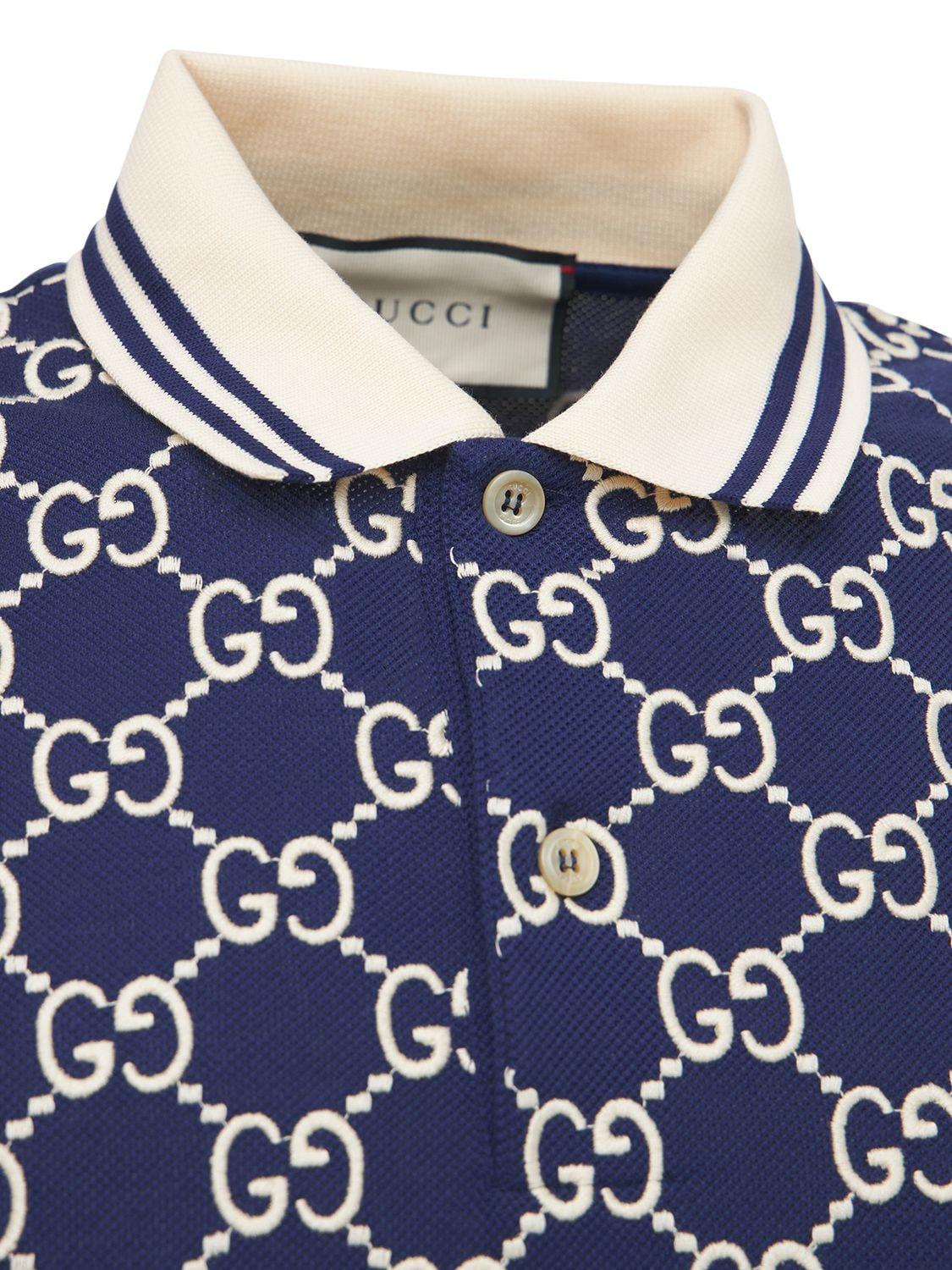 Gucci Gg Jacquard Stretch Cotton Polo in Blue for Men | Lyst