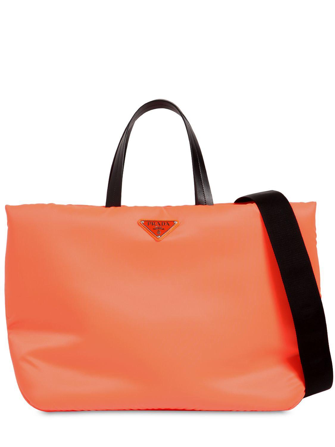 Prada Puffer Nylon Tote Bag in Orange | Lyst