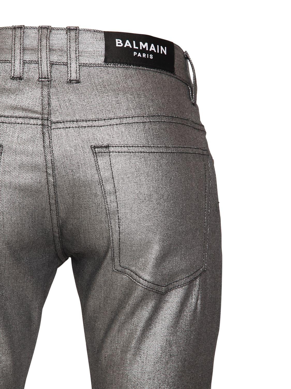 Balmain 15cm Laminated Slim Cotton Denim Jeans in Silver (Metallic) for