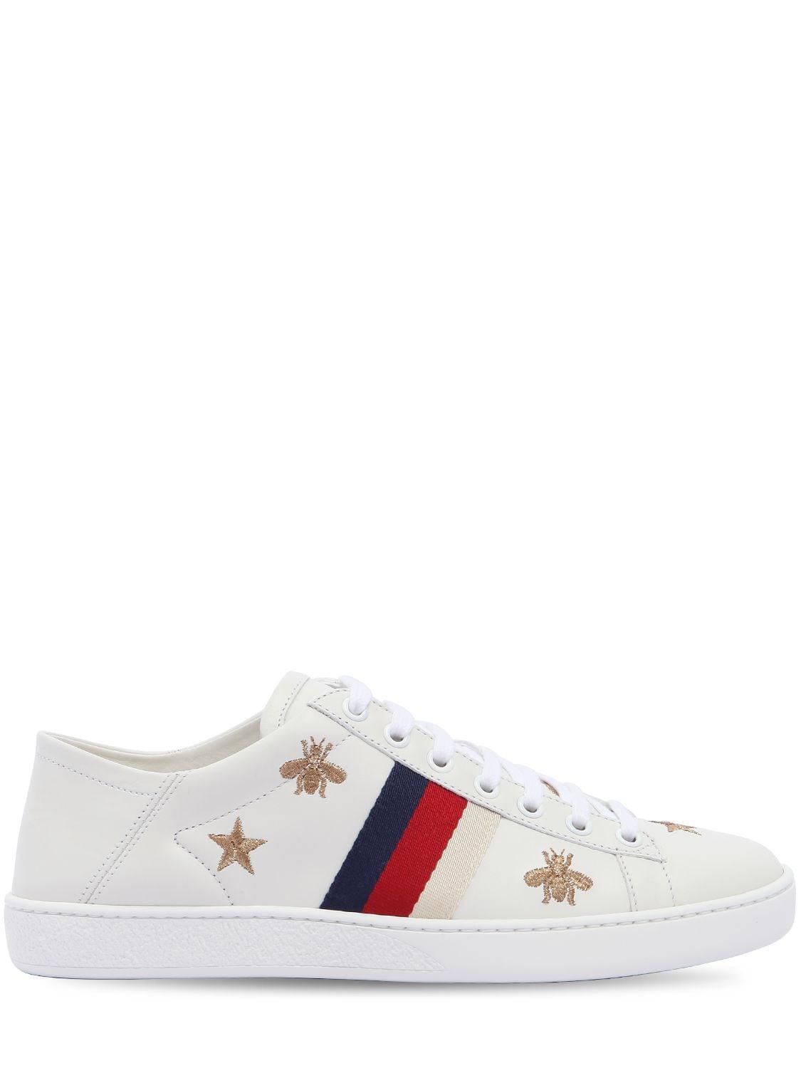 absolutte vogn Mauve Gucci New Ace Bee-embroidered Leather Trainers in White | Lyst