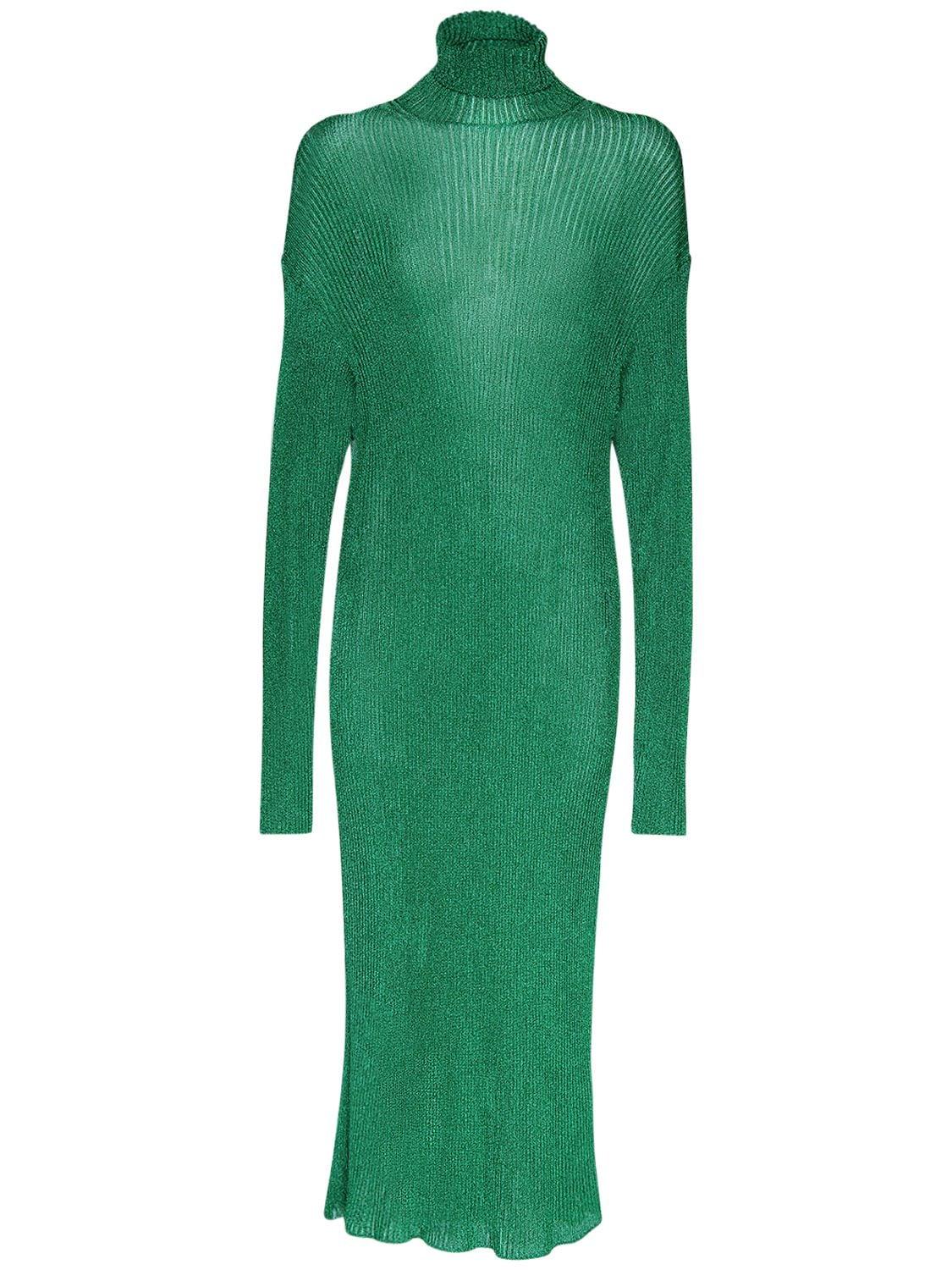 Balenciaga Metallic Knit Rib High Neck Midi Dress in Green | Lyst