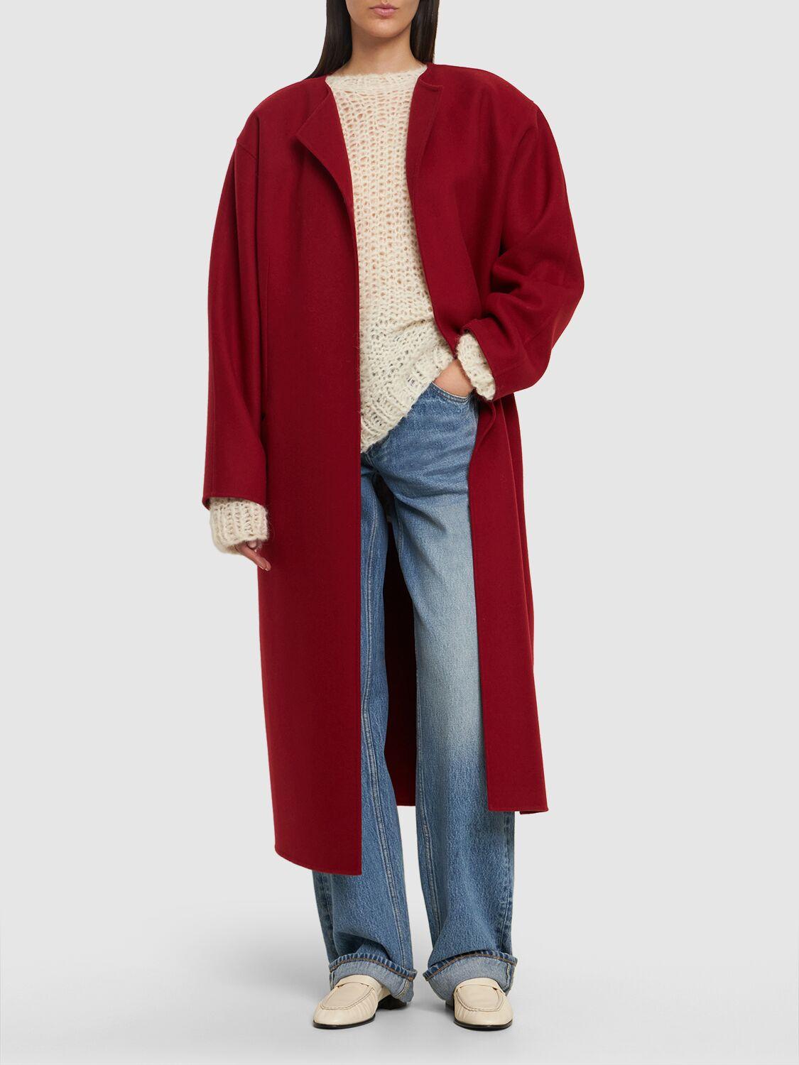 Red hotsell collarless coat