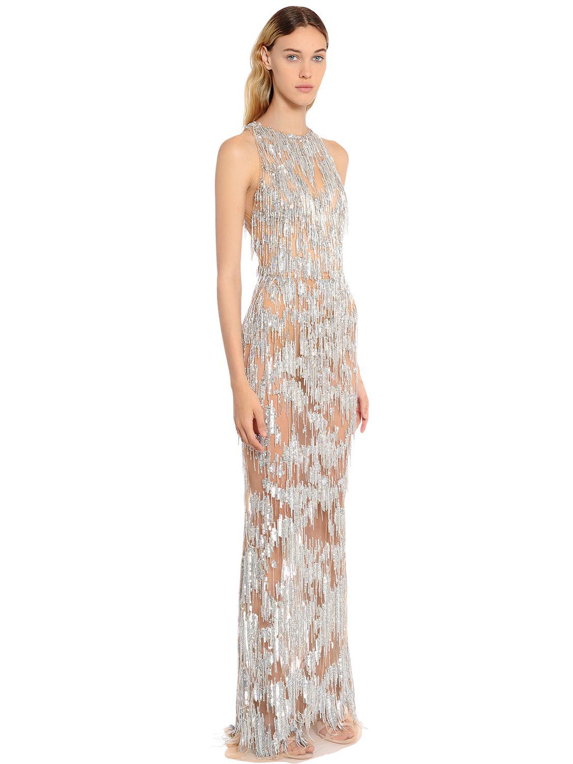 silver beaded fringe dress