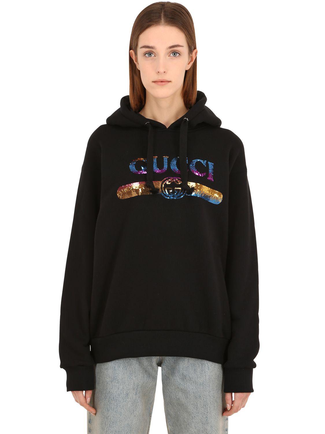 Gucci Sequined Logo Cotton Sweatshirt Hoodie in Black - Lyst