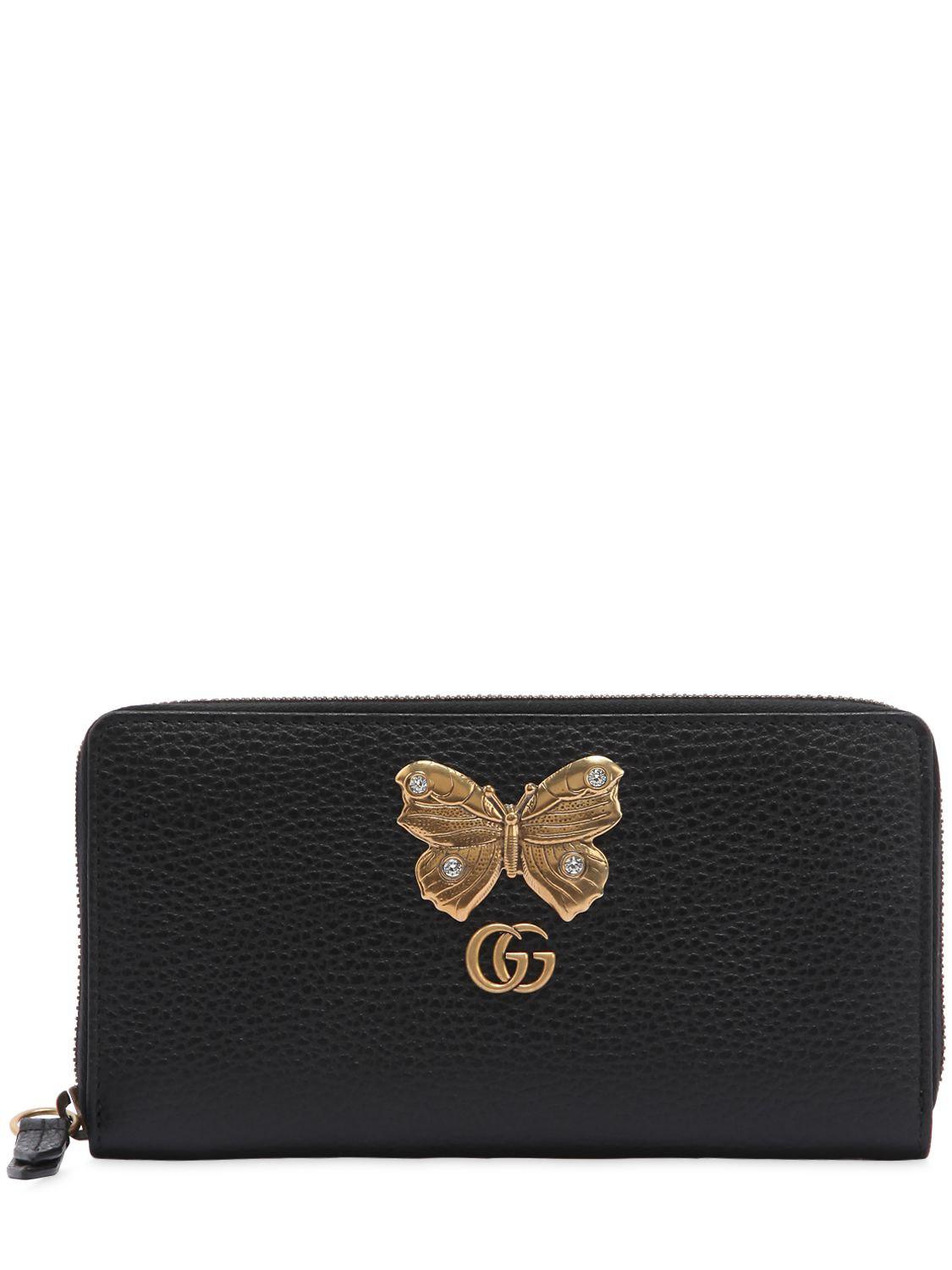 Gucci Butterfly Zip Around Leather Wallet in Black - Lyst
