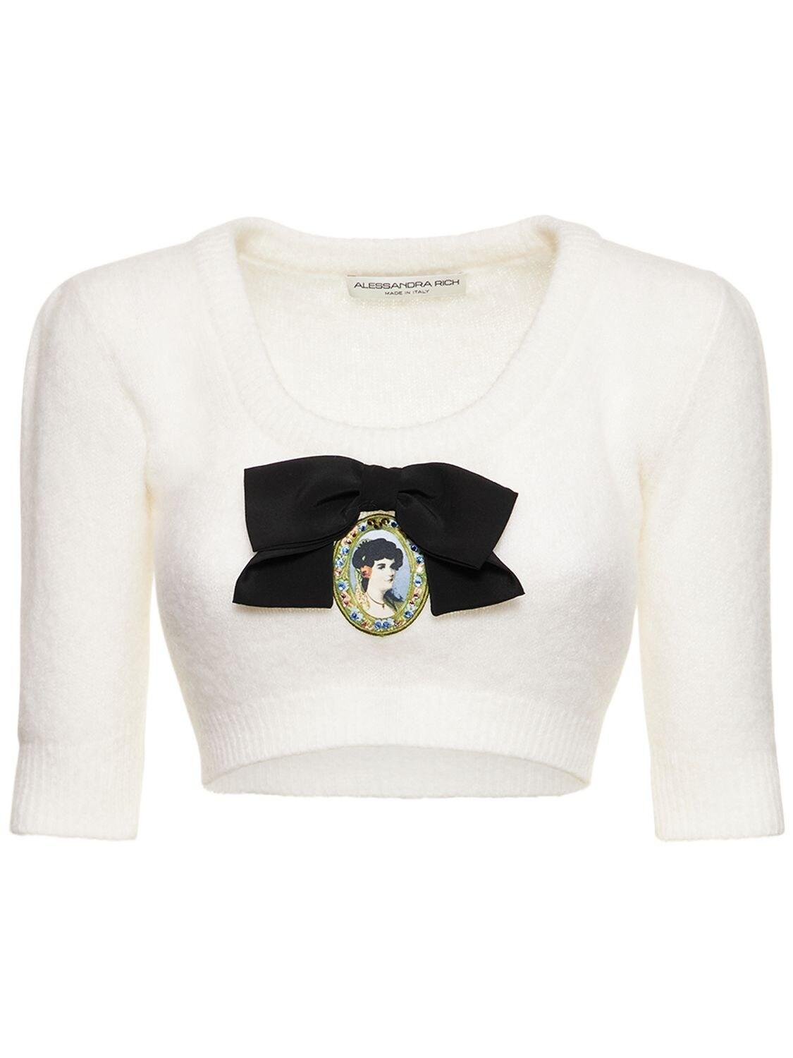 Alessandra Rich Mohair Blend Knitted Bow Crop Top in White | Lyst