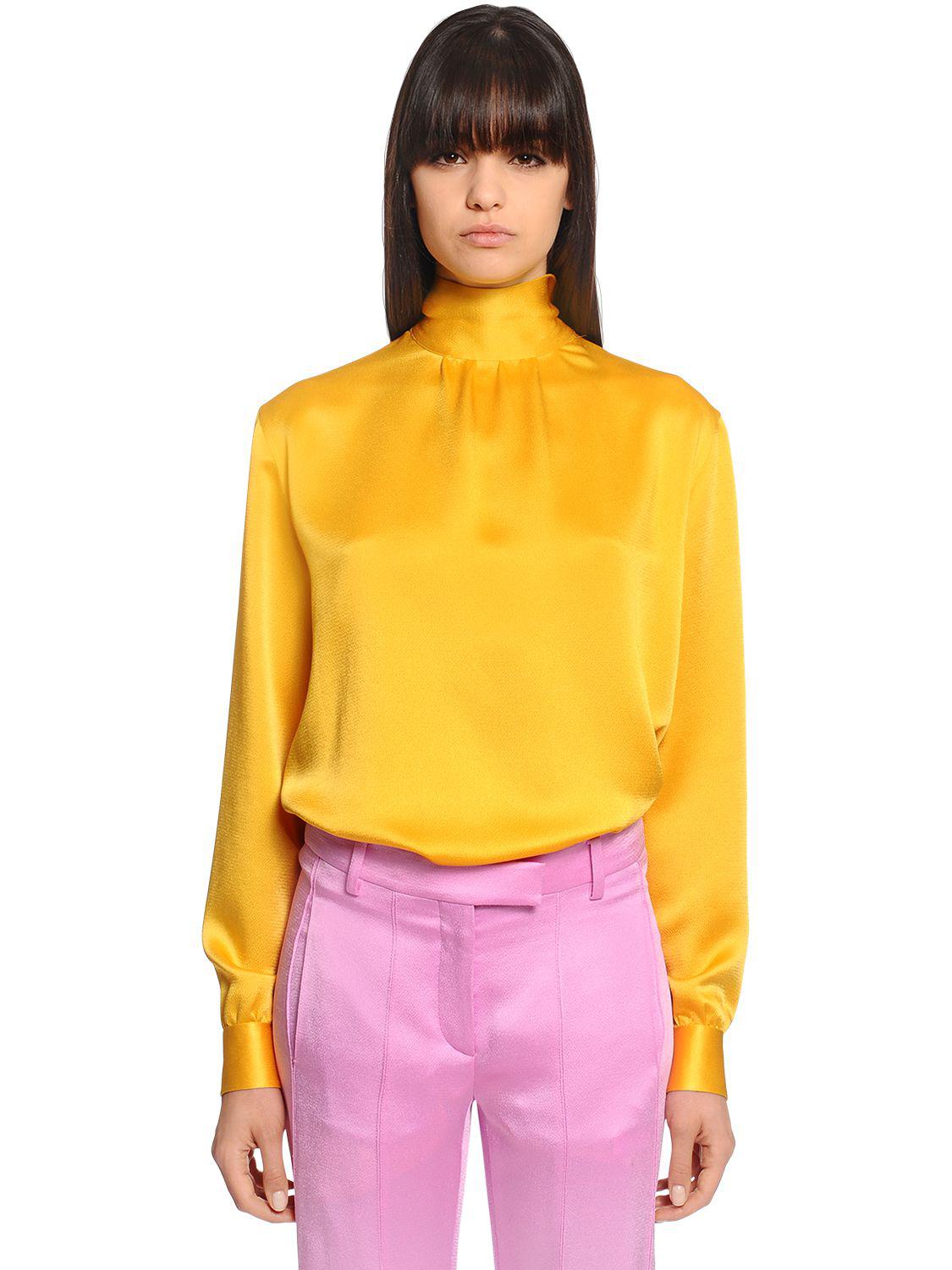 Lyst - Valentino Satin Blouse W/ Self Tie Back Bow Collar in Yellow