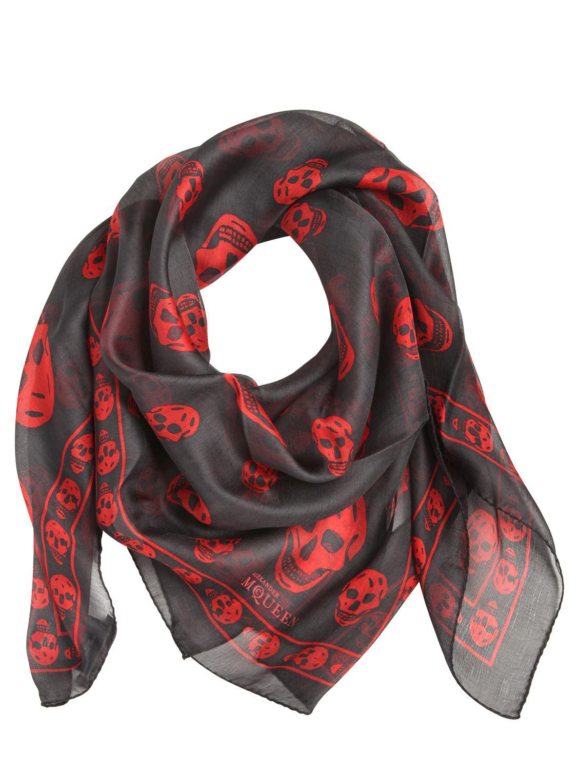 Alexander McQueen Skull Print Silk Chiffon Scarf in Grey/Red (Red) - Lyst