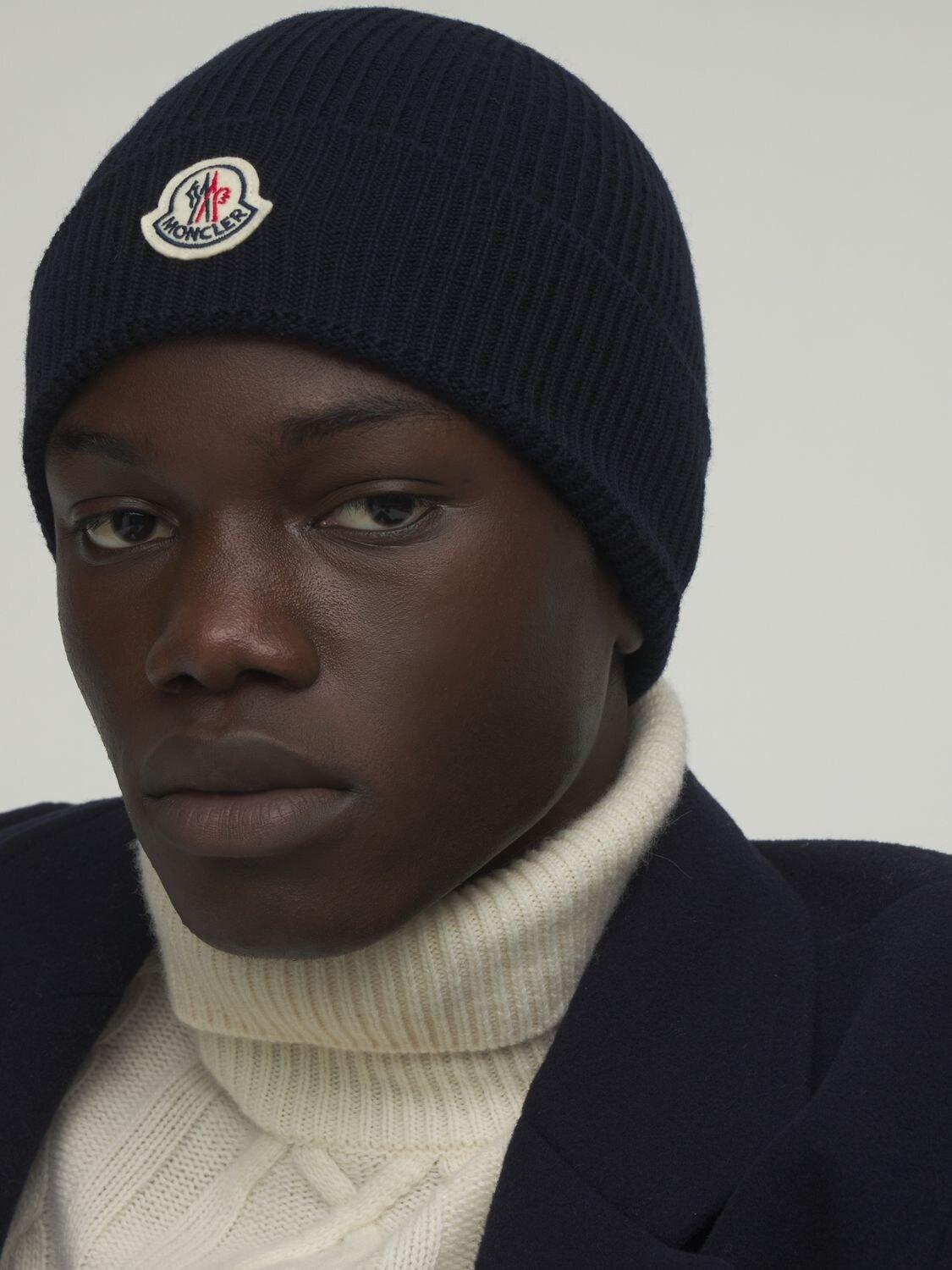 Moncler Logo Wool Rib Knit Beanie in 