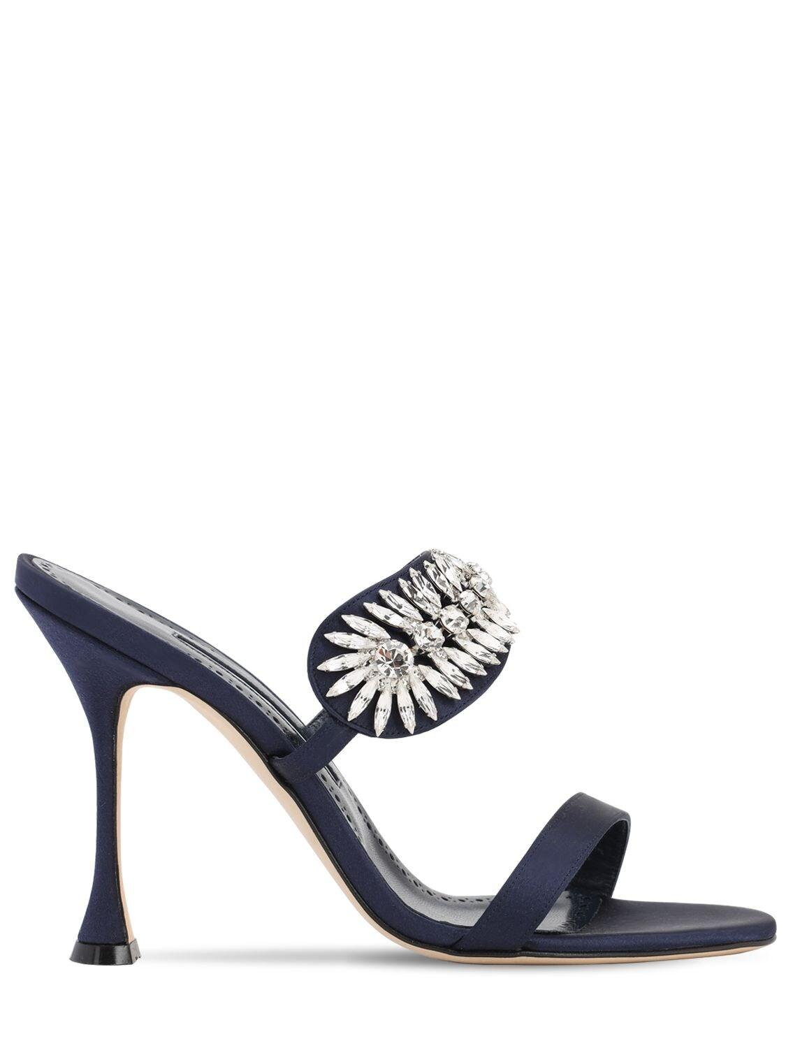 Manolo Blahnik 105mm Skysan Swarovski Satin Sandals in Navy (Blue) - Lyst